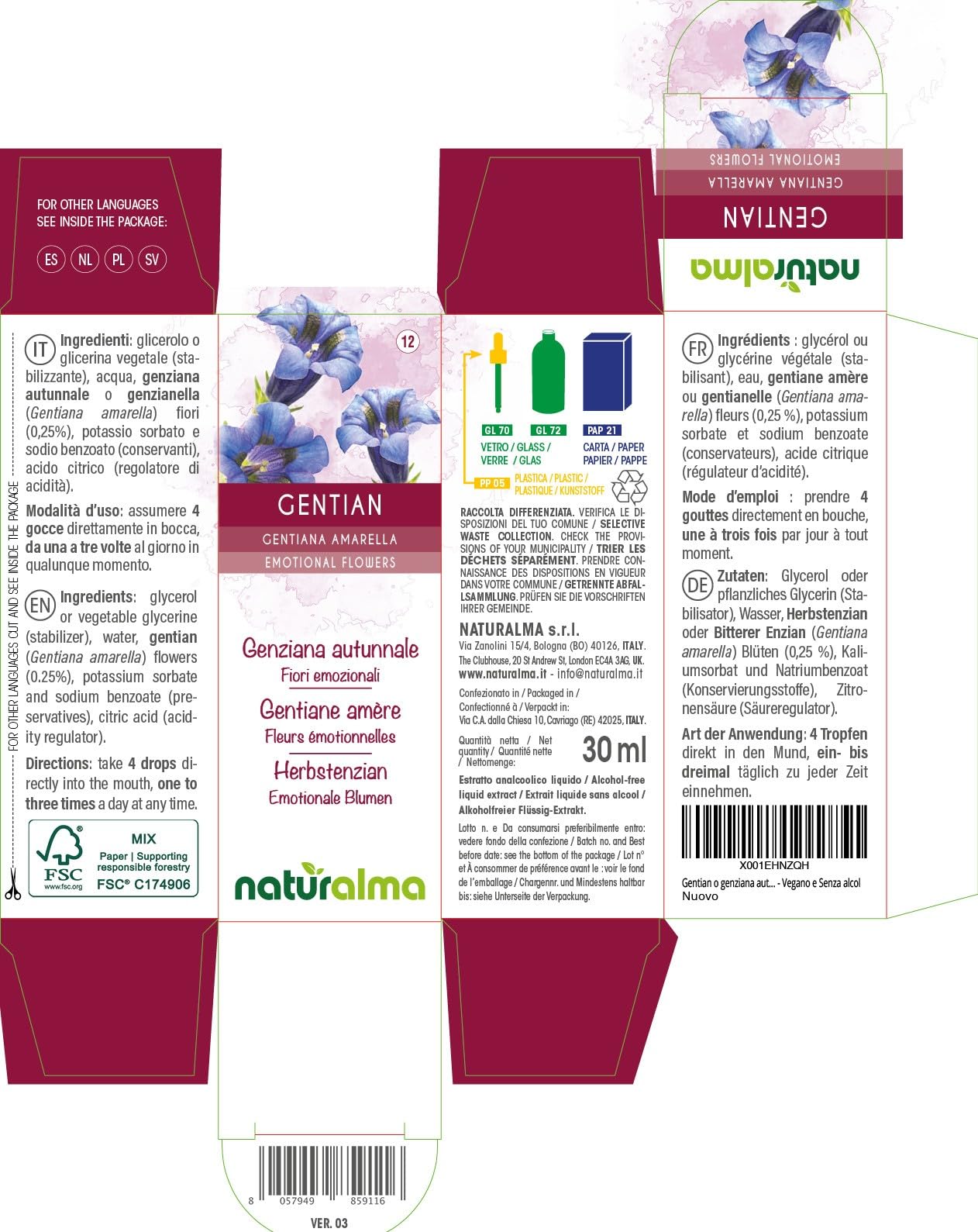 Gentian o Genciana amarella (Gentiana amarella) Flores emocionales o Flores de Bach Naturalma - Gotas 30 ml - Extracto líquido sin alcohol - Esencias florales - Vegano