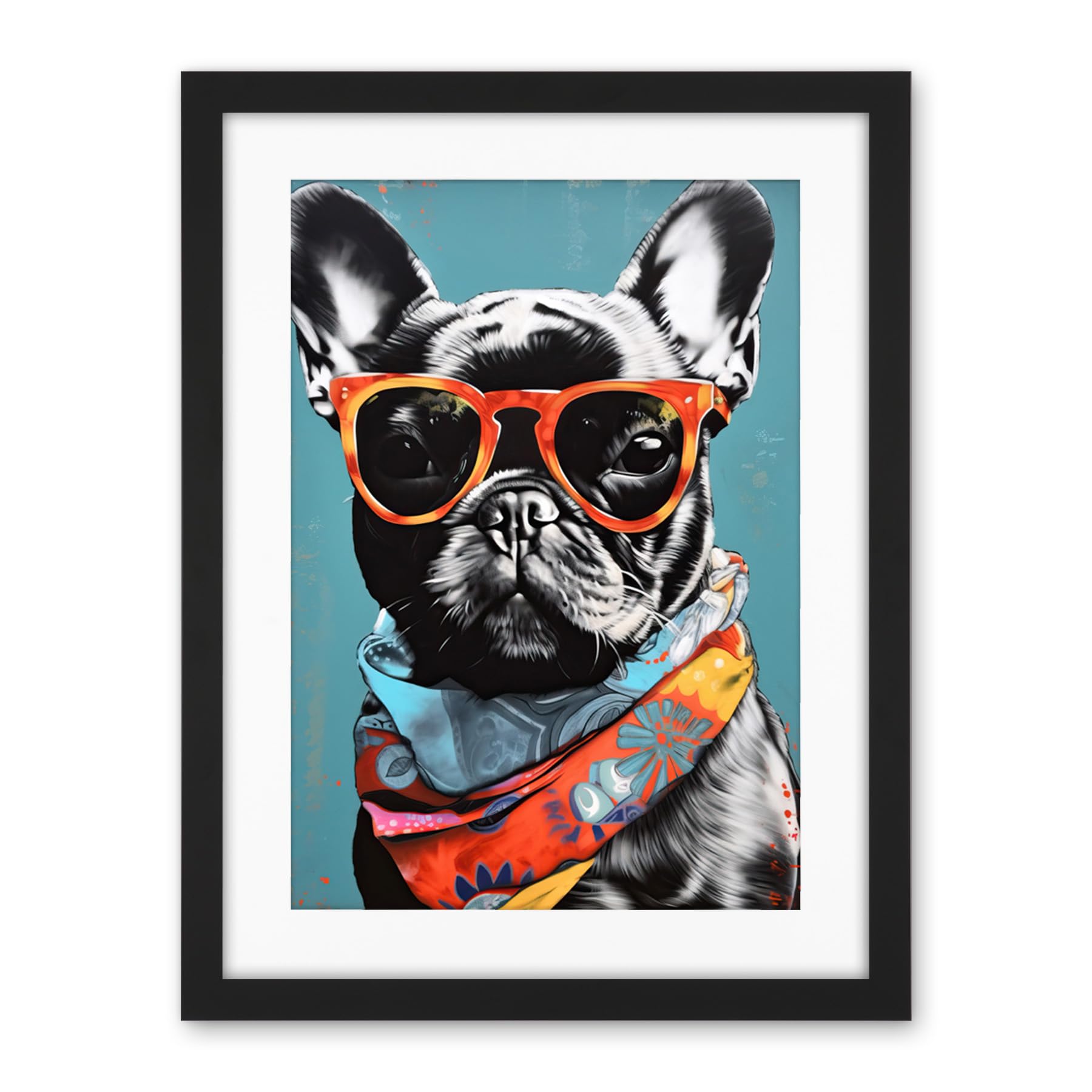 Artery8 English Bulldog Wearing Bandana and Sunglasses Artwork Framed Wall Art Print 18X24 Inch