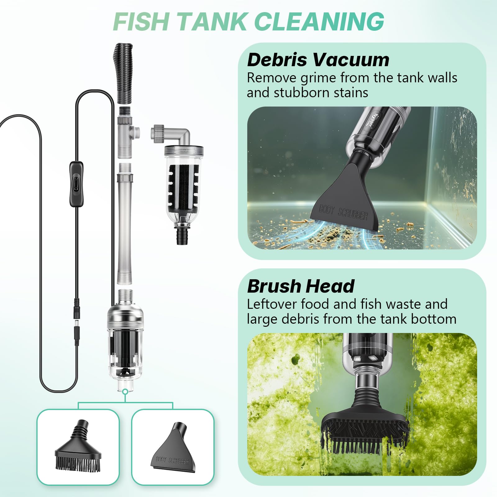 hygger 15W Aspirateur Aquarium Electrique, 5-en-1 Kit Nettoyage Aquarium | 2000L/h Nettoyeur Aquarium,Longueur Réglable,Automatique avec Laveur de Sable et Changeur d'eau,For Freshwater & Saltwater