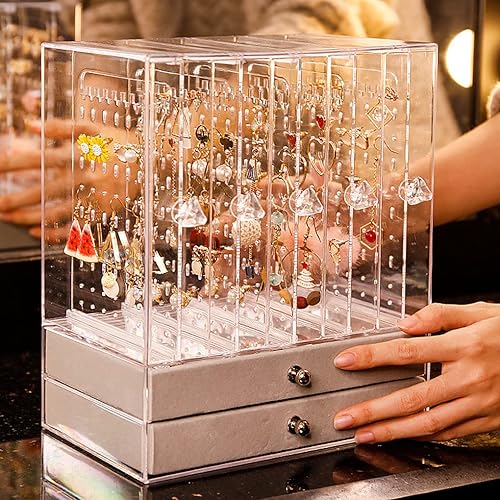 Miniatura 7 de Aebor Joyero acrílico con 2 cajones 3 soportes transparentes para aretes organizador de joyas de terciopelo estuche de almacenamiento transparente