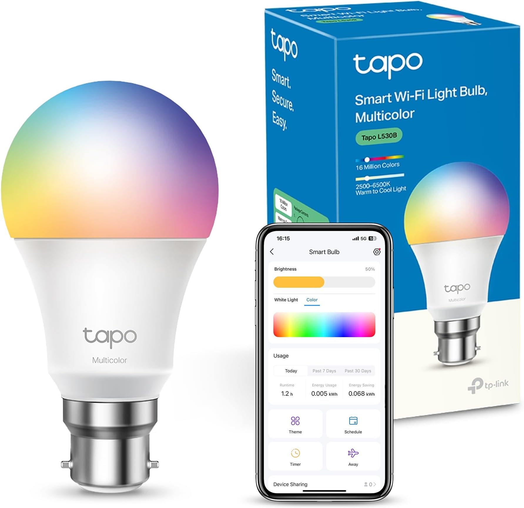 Tapo L530B Smart Bulb, B22 Multicolor Alex Light Bulb, 8.7W (60W), Dimmable, Schedule & Timer, Away Mode, Energy Saving, Voice Control Alexa & Google, App Remote Control