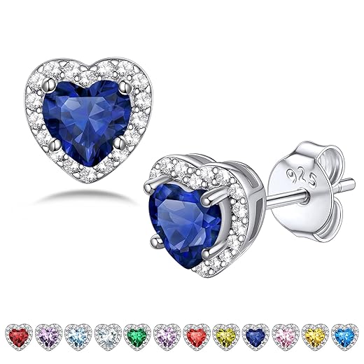 Bestyle Sparkling 925 Sterling Silver Birthstone Stud Earrings for Women, Heart/Round/Teardrop/Square Crystal Solitaire Diamond Studs Halo Earrings, Great Birthday/Christmas Gifts
