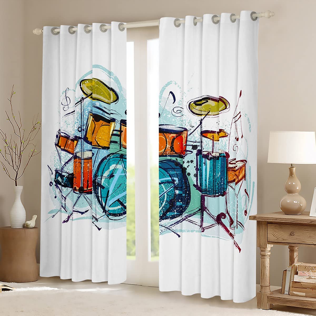 Rock Music Dreapes Set di tende per camera da letto, bambini, ragazze, adolescenti, strumento musicale tende oscuranti (30% -50%) Hip Hop colorato bianco finestra trattamenti W52 x L90