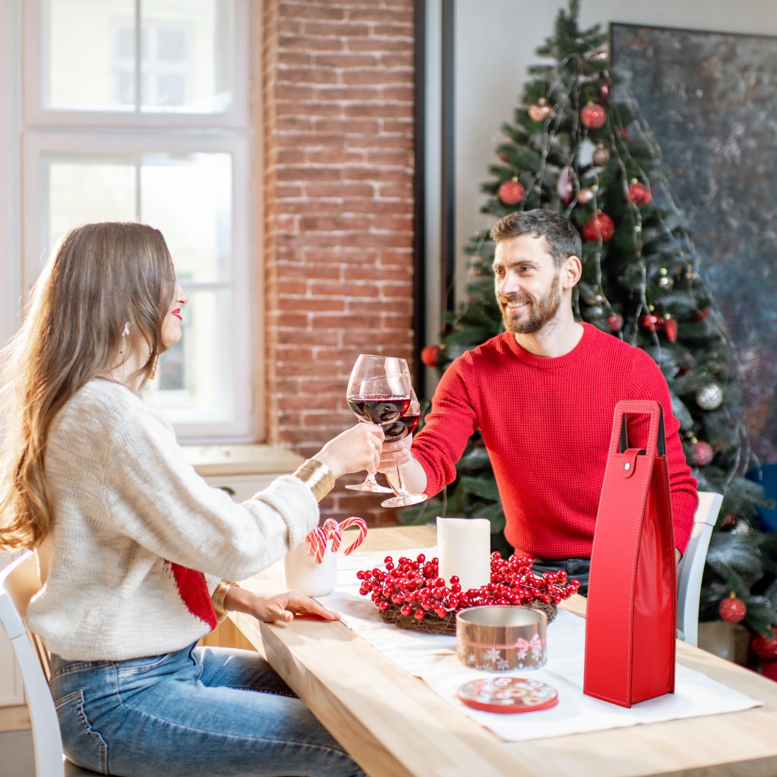 FillTouch Wein-Geschenktüten, Leder, Wein-Tragetaschen, für einzelne Flasche, Champagner, Bier, Geschenktüten für Weihnachten, Hochzeit, Geburtstag, Party, Rot, klassischer Stil, 10 Stück
