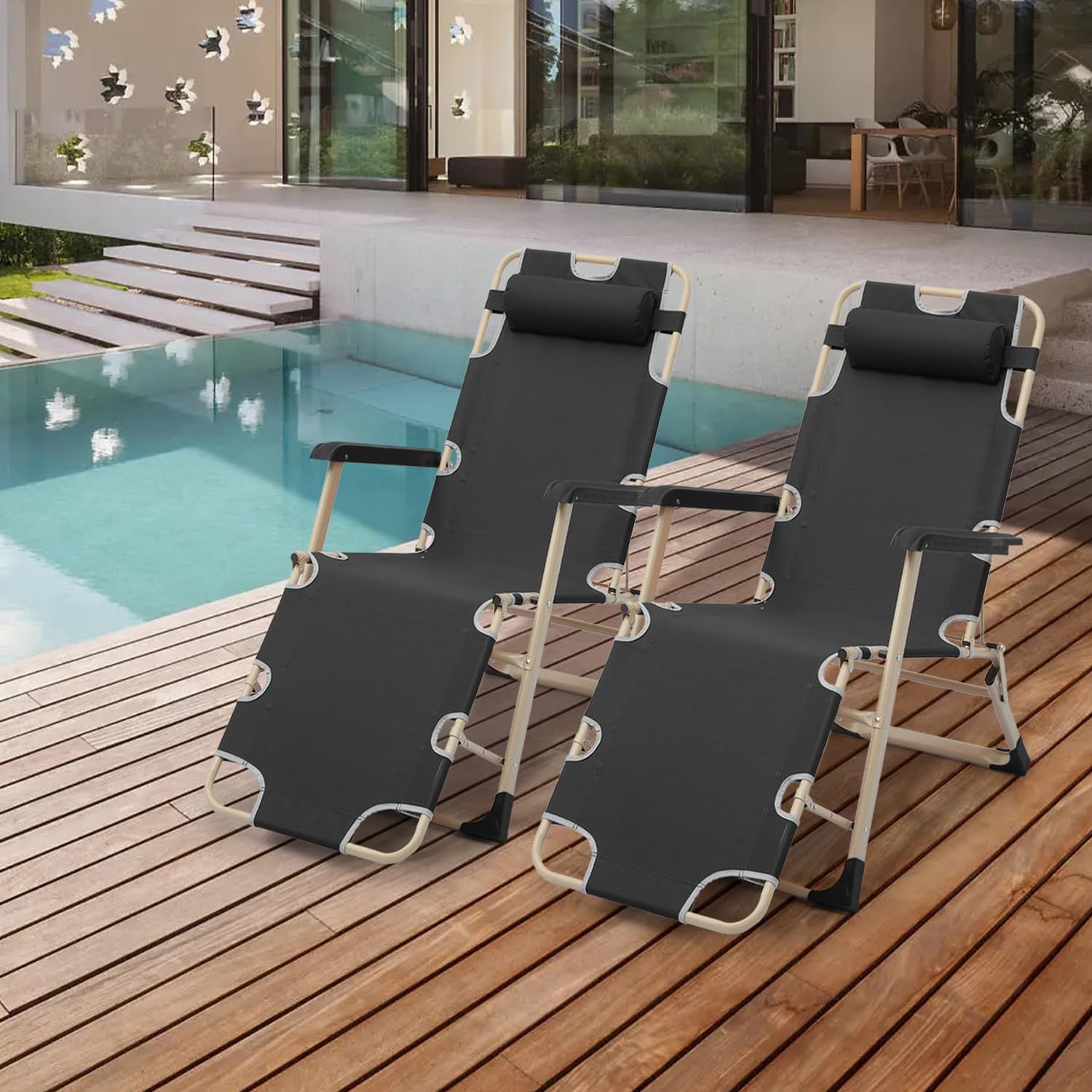 Athena Collection Zero Gravity Outdoor Lounge Chair Set of 2, 26" Width Reclining Pool Lounge Lawn Chairs Recliner with Headrest, Outdoor Chaise for Beach Patio Backyard Outside, Black