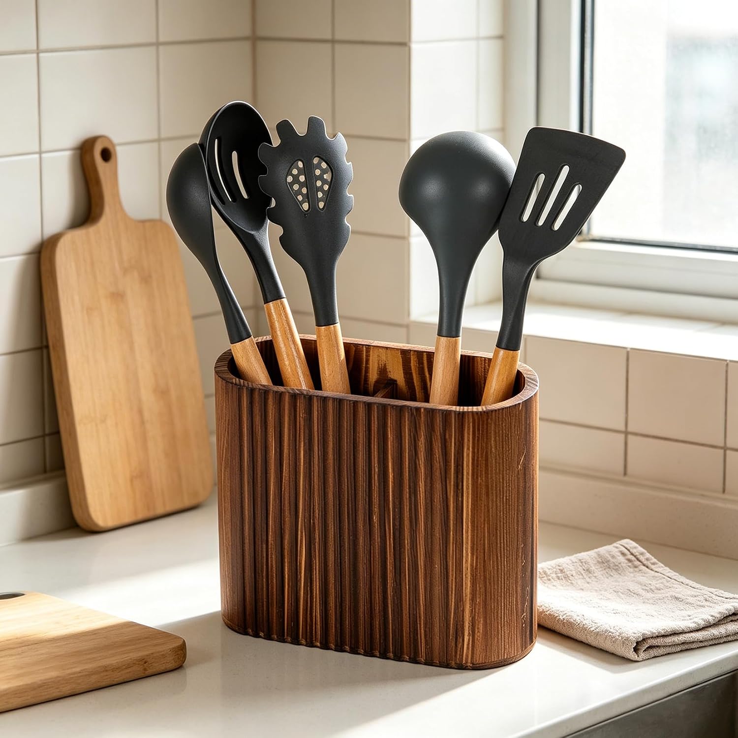 Premium Acacia Wood Elliptical 2-Slot Wall-Mounted Kitchen Utensil Holder and Organizer Crock