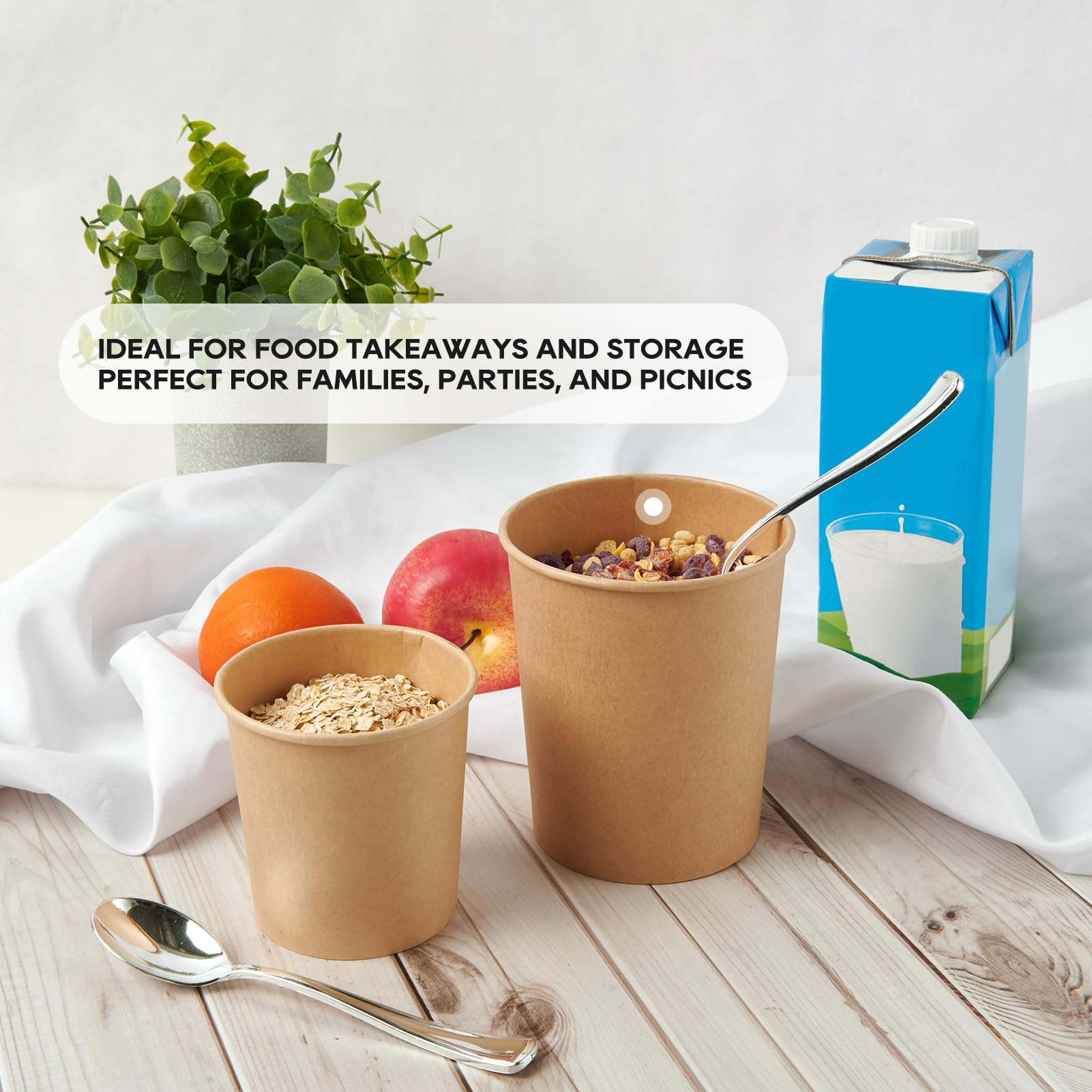 Paquete de 50 recipientes de papel de 16 onzas con tapas, vasos desechables de papel kraft para alimentos, vasos de helado, almacenamiento de alimentos de papel con tapas, aptos para microondas y