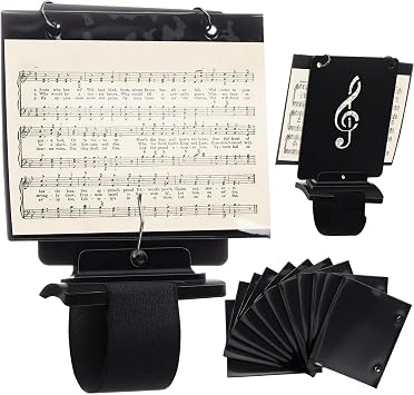 Canlierr Flute Lyre Flip Folder for Marching Band, 12 Pcs Waterproof 7.5 x 6.5 inches Double Sided Flip Folio Folder Pages with 2 Holes Adjustable Sheet Music Stand Holder for Clarinet Trumpet Black