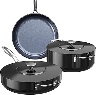 Nuwave Essential Series 5PC Ceramic Cookware Set PFAS-Free, G11 Duralon Blue Coating, Pots and Pans Set Non Stick, Diamond Scratch-Resistant,Stay-Cool Handle, Metal Lid,Induction Ready,Dishwasher Safe