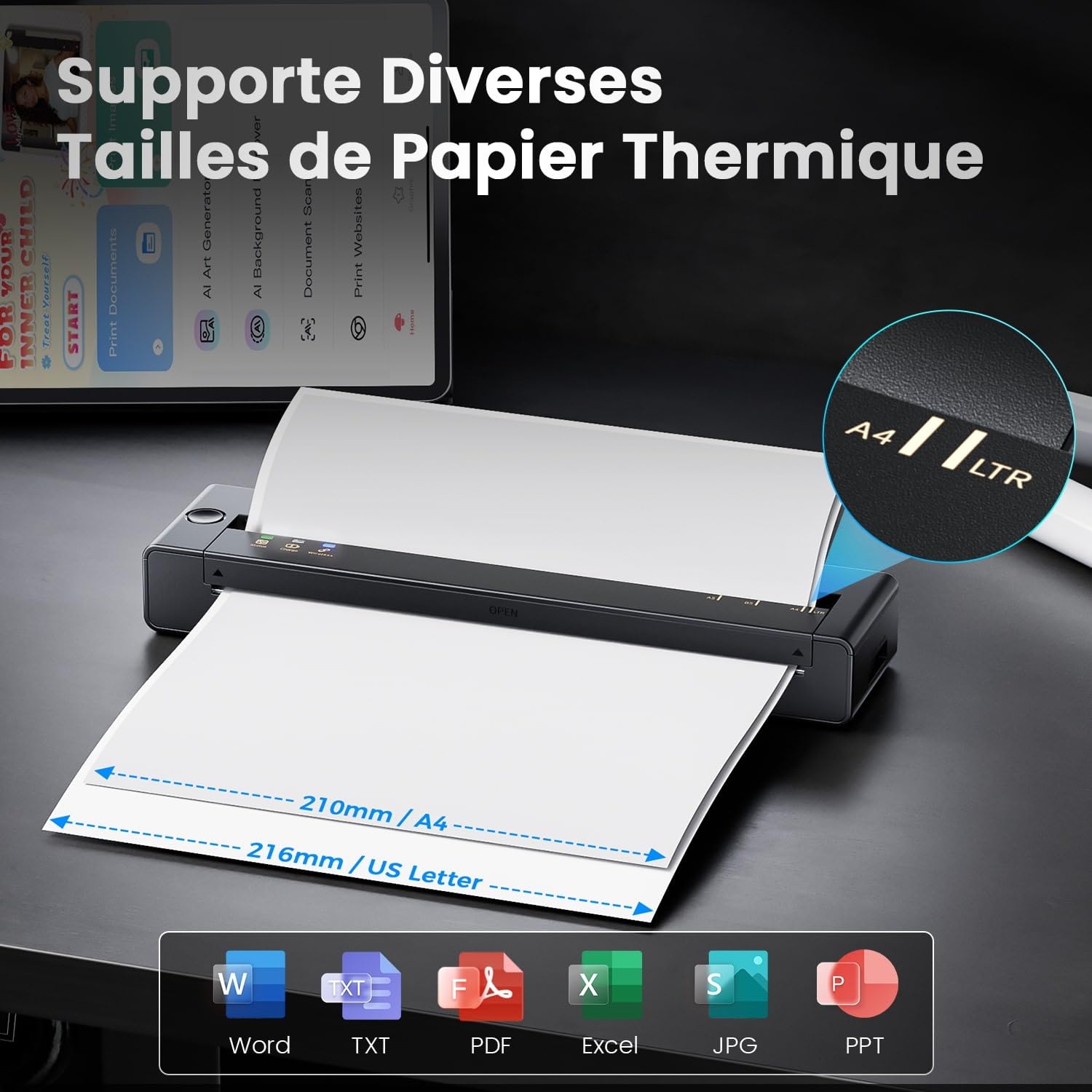 TATTMUSE Imprimante Thermique A4 Portable 585g 300 DPI Batterie 1500mAh