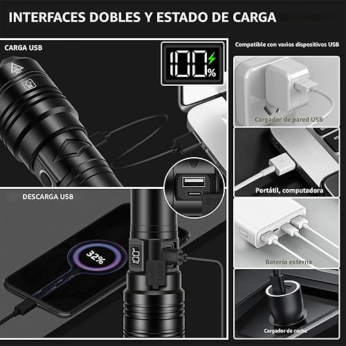 Miniatura 5 de PHIXTON Linternas recargables de 10000 lúmenes de alto alcance, 3280 pies, linterna LED USB C súper brillante de larga duración de 15 horas,