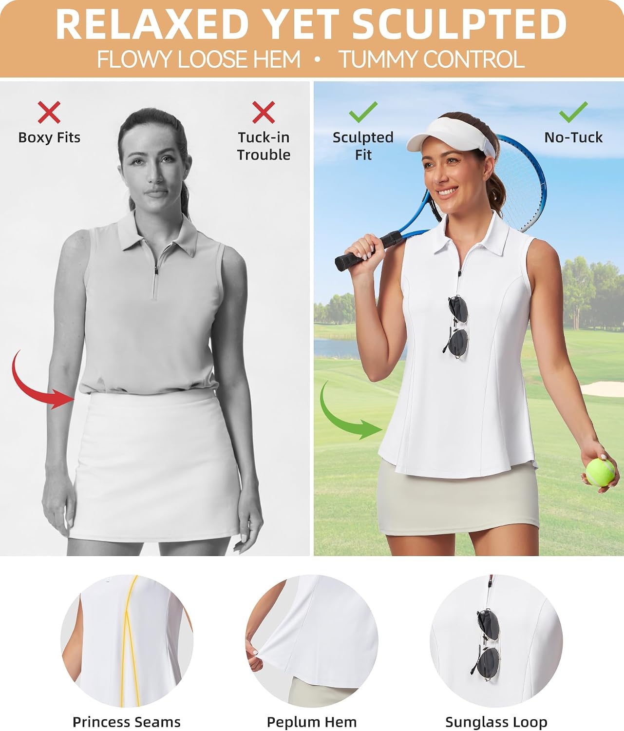 Casei Women's Sleeveless Golf Polo Shirt with Sunglass Loop, UPF 50+ Quick Dry Tennis Pickleball No-Tuck Peplum Top 1/4 Zip
