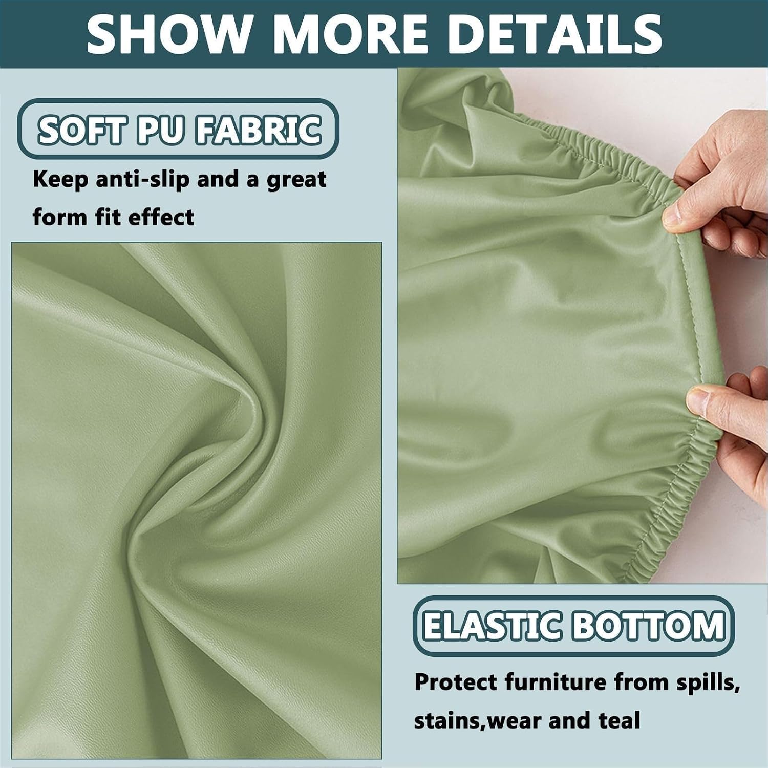Faux Leather Ottoman Cover Rectangle Ottoman Slipcover Waterproof Storage Ottoman Cover Stretch Non Slip Living Room Furniture Protector(Light Green,Medium)