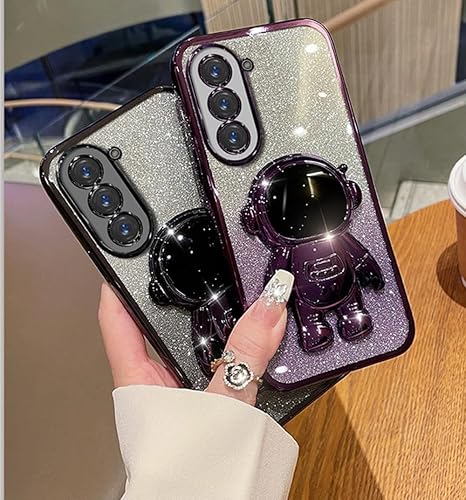 Miniatura 3 de Funda para Samsung Galaxy S24 con soporte de astronauta oculto, S24, carcasa para teléfono S24, capa de purpurina chapada en TPU suave transparente,