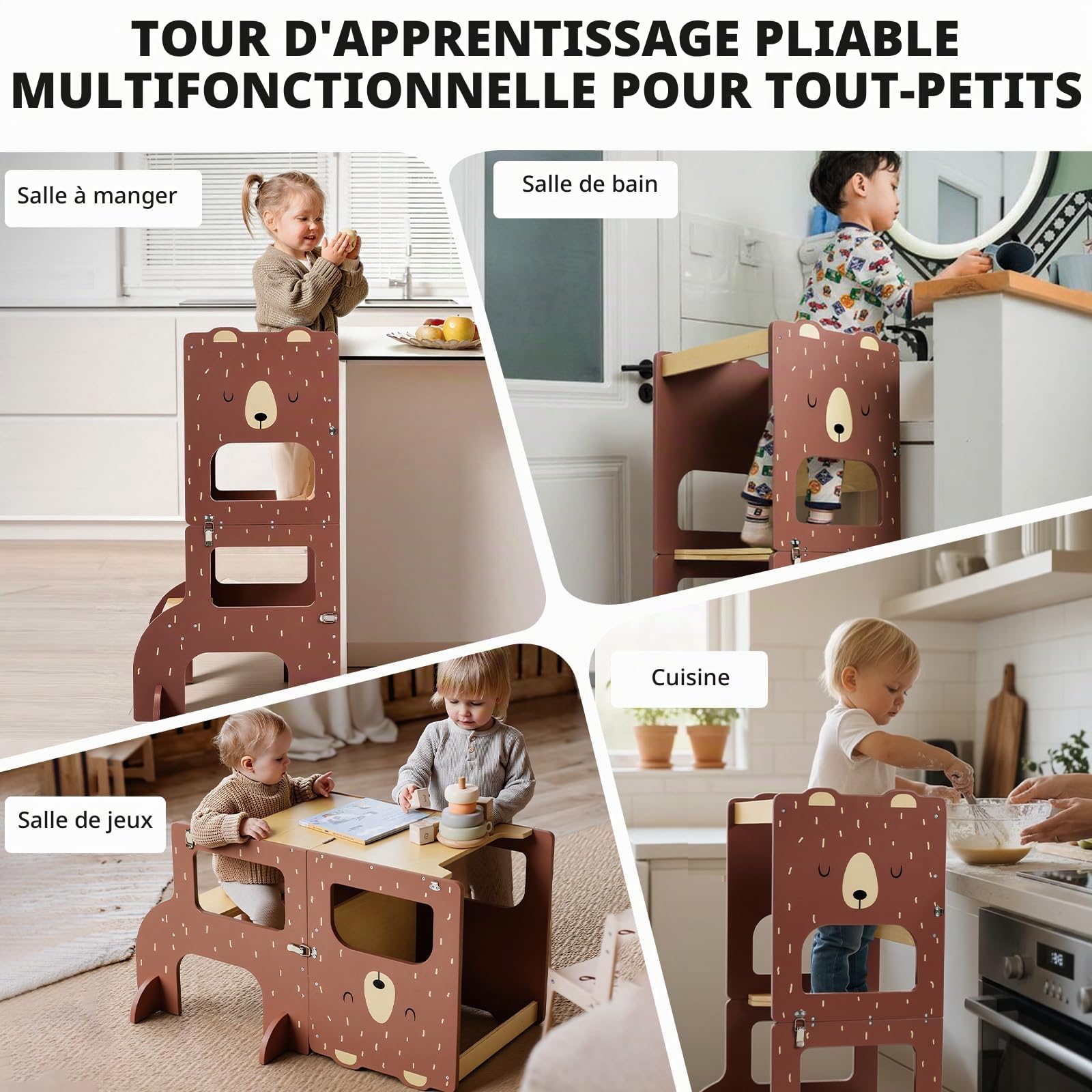 Labebe Tour d Observation Enfant, Grande Taille Tour d'observation Montessori 1-3 Ans,Tour Montessori multifonctionnelle 3 en 1 - l'ours Brun