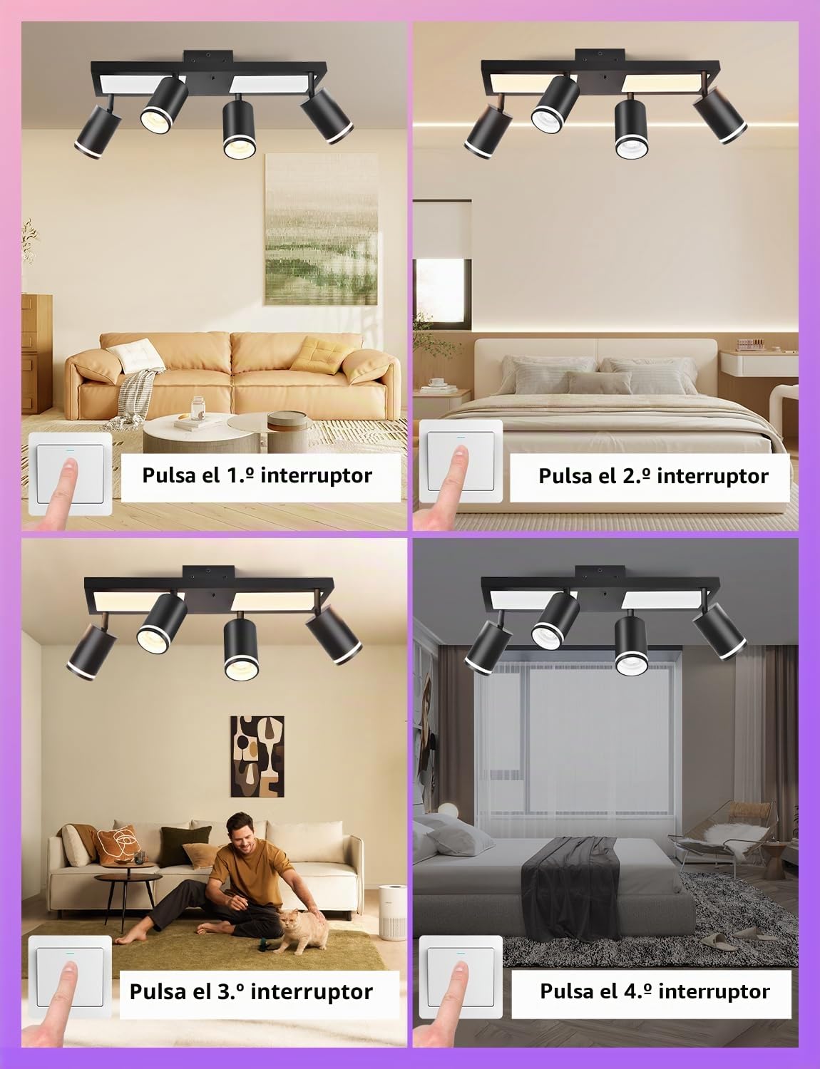 YindaLux Lámpara Techo Focos Giratorios GU10, RGB 30W 3600LM Foco de Techo con Mando a Distancia, Negro Plafón de con 4 Focos con Luz Inferior 10W+4x5W GU10 para Salon