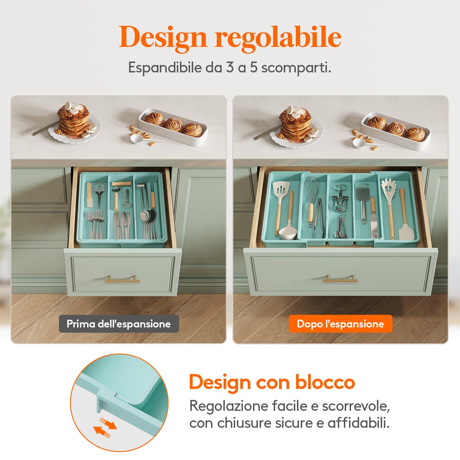 Lifewit Portaposate da Cassetto, Porta Utensili Espandibile da Cucina, Supporto Regolabile per Posate e Utensili, Divisorio in Plastica per Utensili e Gadget da cucina, Grande, Turchese