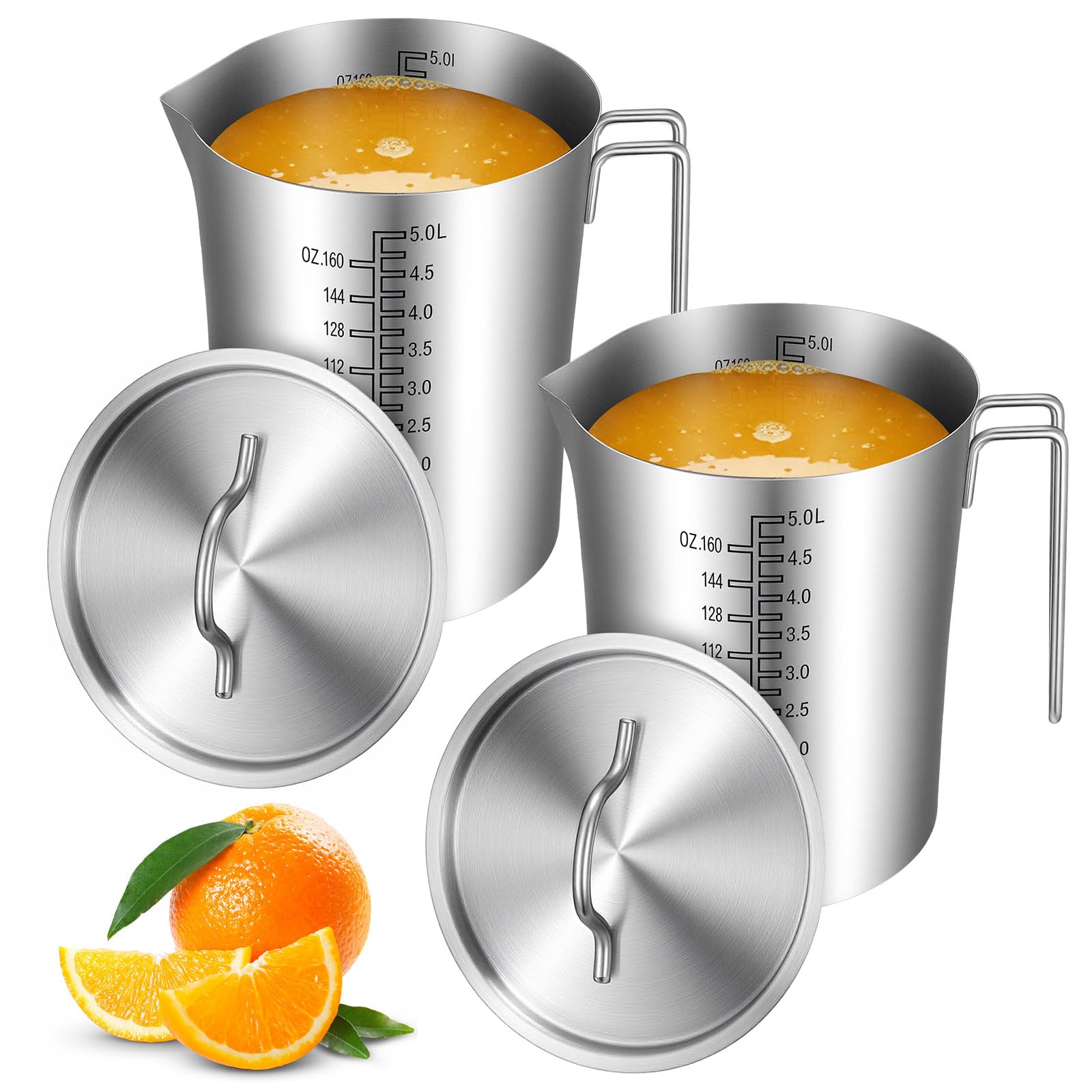 2 Pcs 5L Stainless Steel Measuring Pitcher, 169oz Stainless Steel Measuring Cup with Handle, Spout and Lid, Large Capacity Dual Sided Measurement Markings Design for Baking, Brewing Cooking