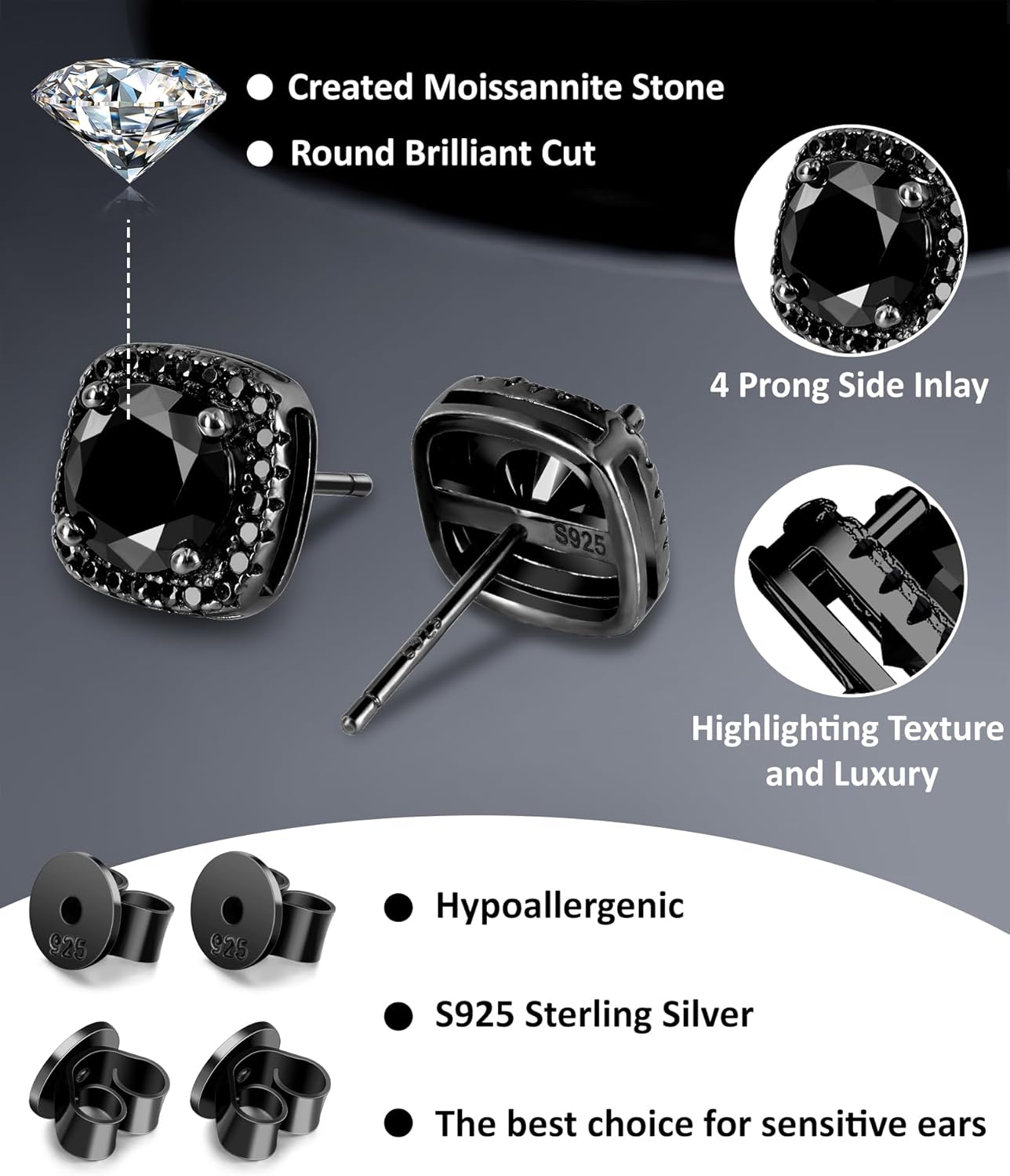 Black Moissanite Halo Stud Earrings for Men, VVS1 D Color Round Cut, Hypoallergenic 18K Black Plated Solid 925 Sterling Silver Earrings Jewelry Gifts for Men Women - Image 4