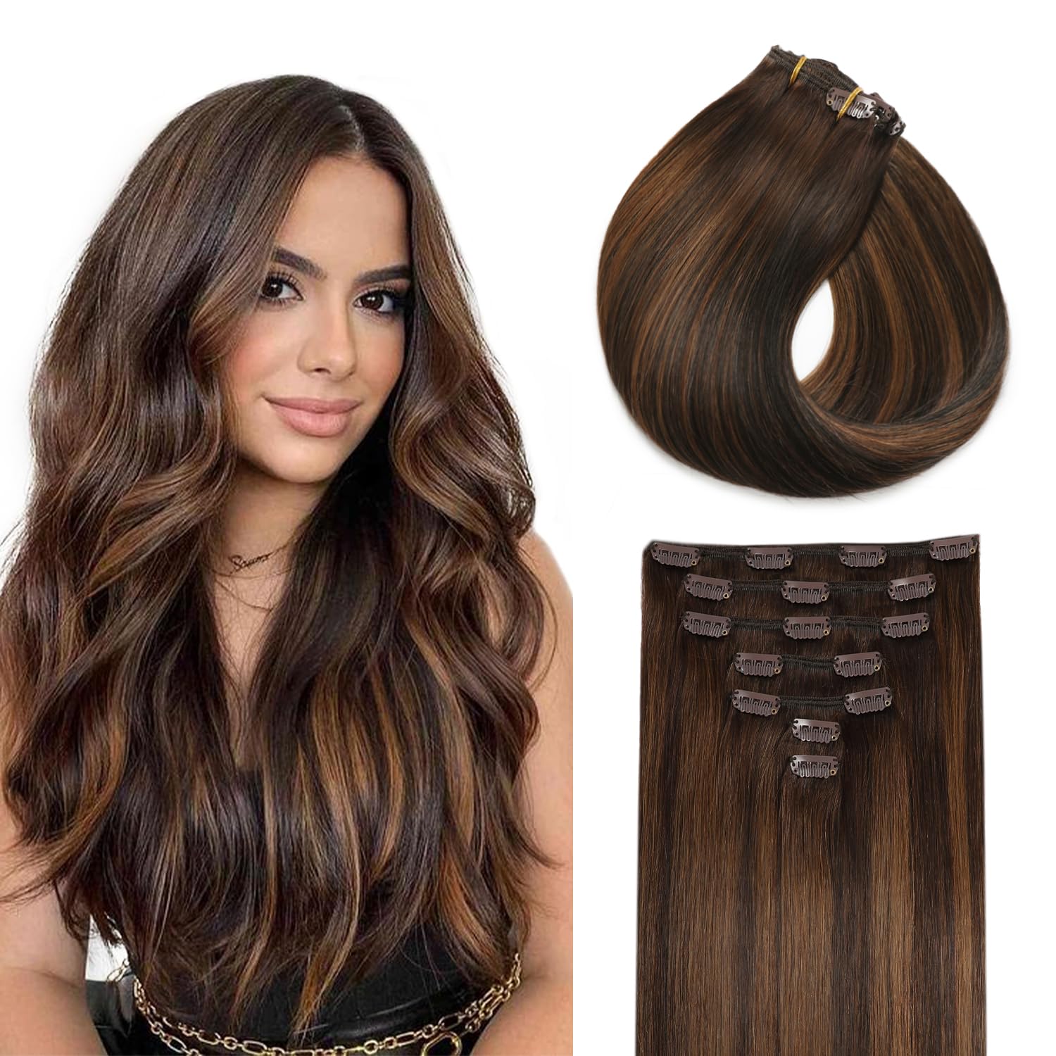 Clip In Hair Extensions Real Human Hair,Invisible Straight Seamless Hair Extensions Clip Ins For Women 16in 120g 7pcs Balayage Dark Brown Mixed