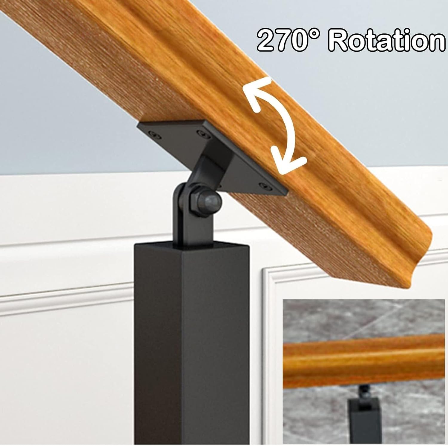 Wrought Iron Staircase Handrail Post with 270° Swivel Flat Brackets, Black Stair Baluster Column, 33.4in/35.4in/37in Height