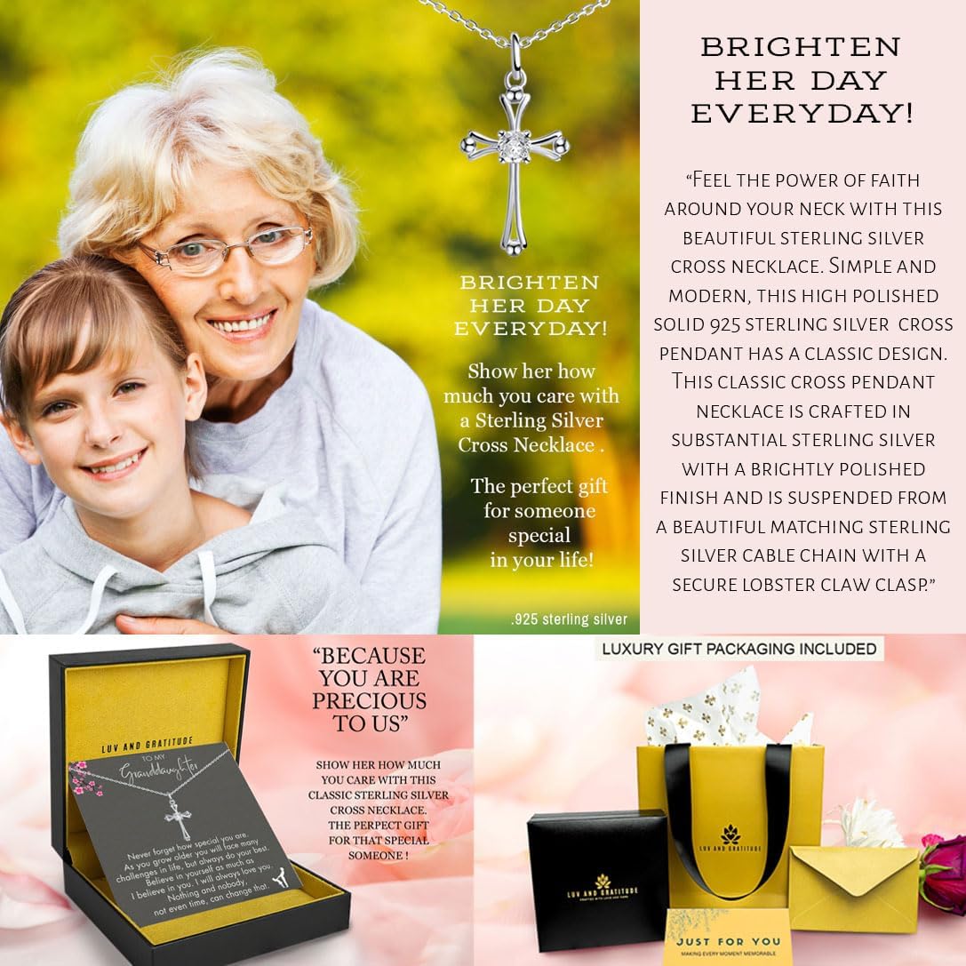 Luv And Gratitude Granddaughter Necklace, Sterling Silver CZ Cross Necklace for Granddaughter