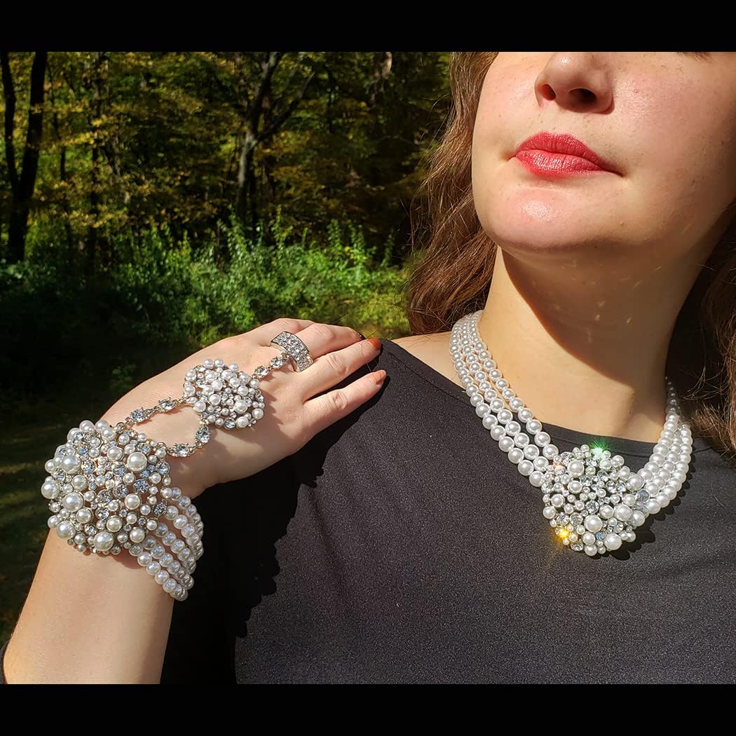 Rosemarie & Jubalee Women's Unique Circular Design Crystal Rhinestone And Simulated Pearl Stretch Bracelet Ring Bridal Hand Chain - Image 7