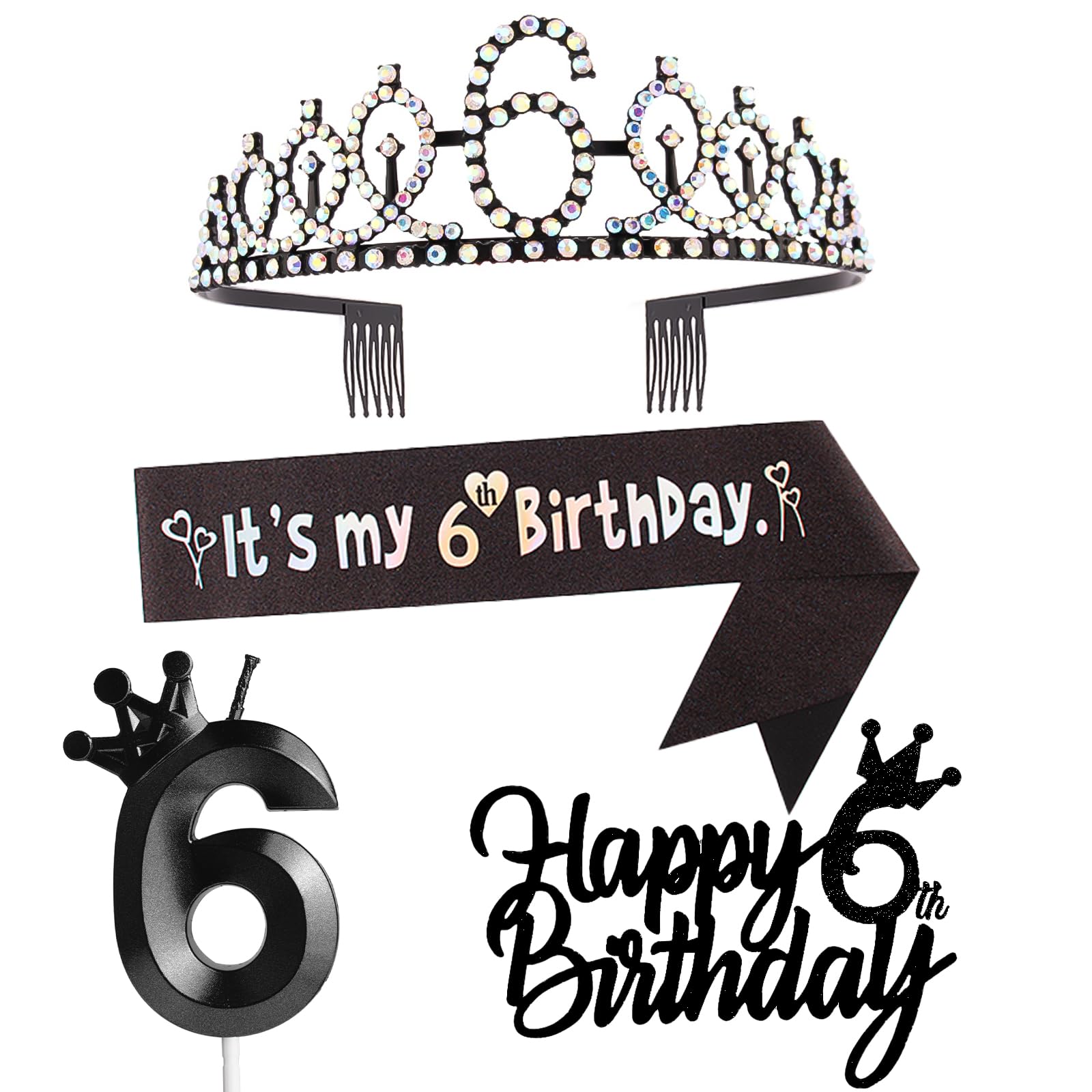 6th Birthday Decorations for Girl - Crown/Tiara, Sash, Cake Toppers, Number 6 Candles - Black Party Supplies