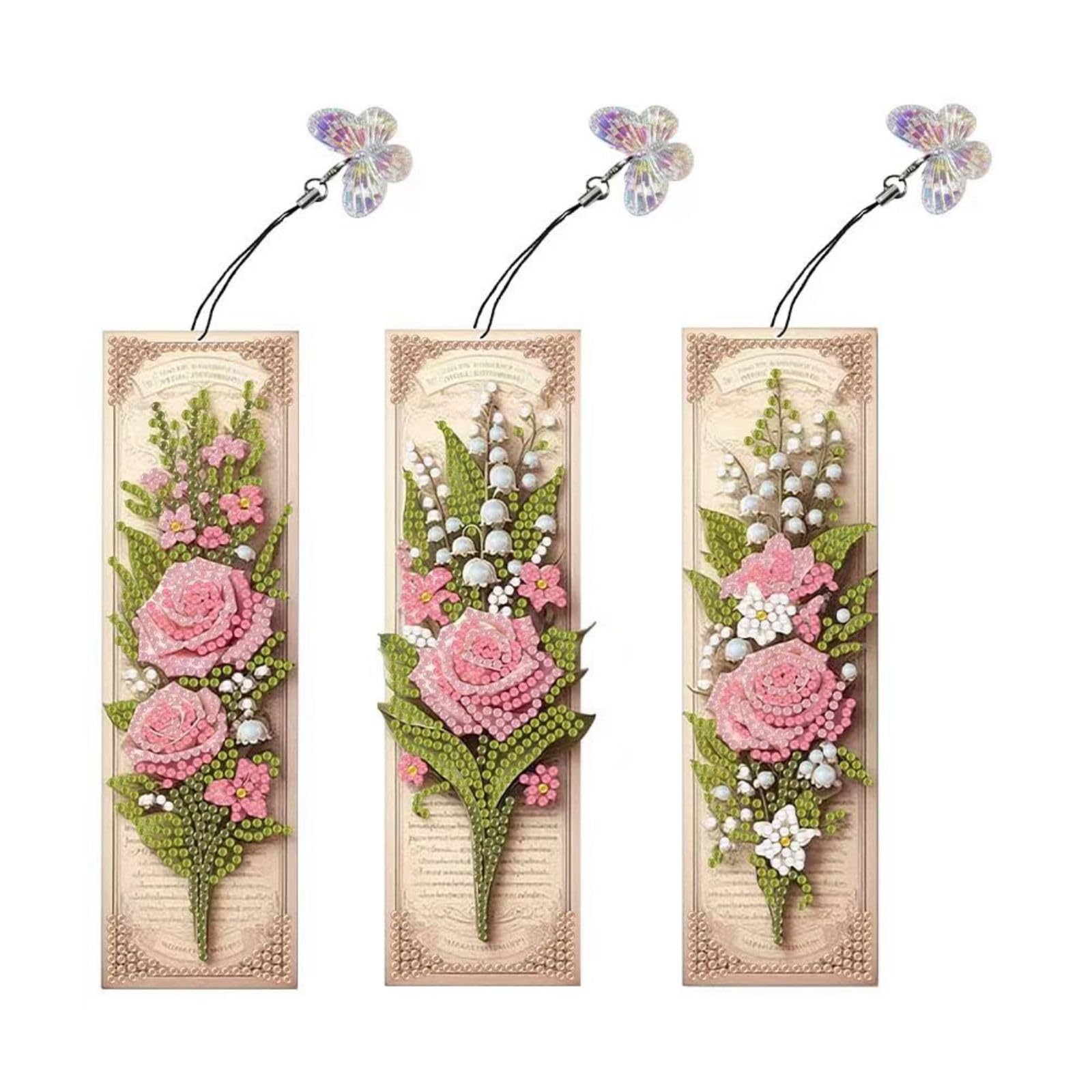 Lebartm 3Pcs DIY Diamond Art Painting Bookmarks with Colorful Butterfly Pendant PET Bookmark Ornament Double Sided Pattern Single Sided Diamond Book Marker Clip Gifts Tags-Pink Rose