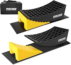 Pr1me Camper Leveler, pacote com 2 blocos de nivelamento RV, niveladores curvos HDPE, inclui 2 niveladores curvos, 2 calços, 2 tapetes antiderrapantes e bolsa de transporte