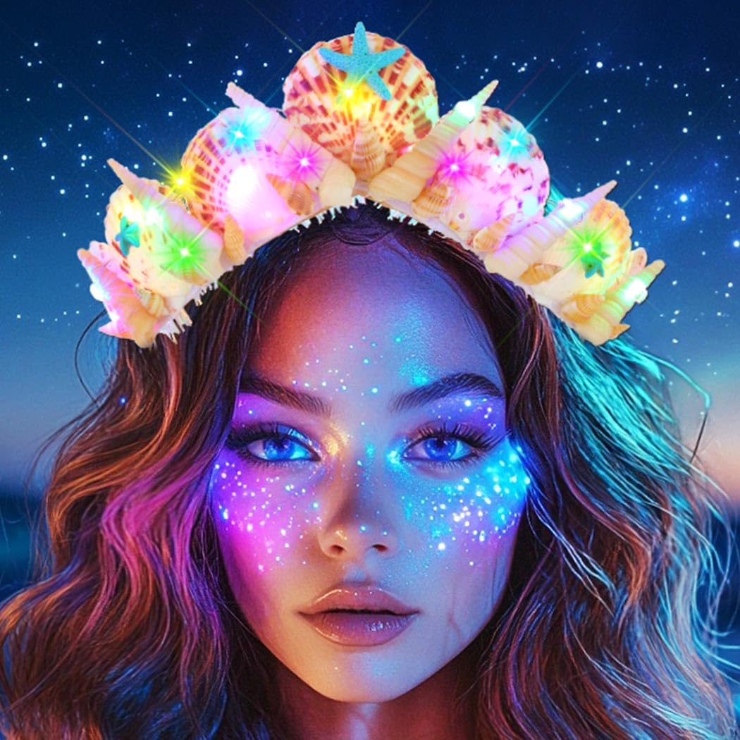 Ushiny Meerjungfrau Kostüm Führte Muscheln Tiara und Krone WhiteStarfish Stirnband funkelnde Shell Haar Accessoires für Damen