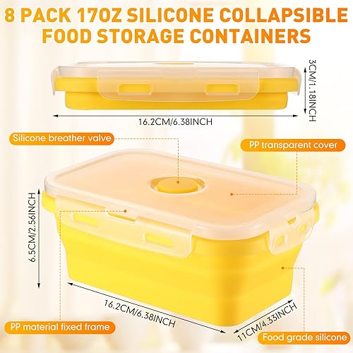 Miniatura 2 de Mifoci Juego de 8 cuencos plegables de silicona para acampar con tapa de ventilación, recipientes de almacenamiento de silicona de 17 onzas para