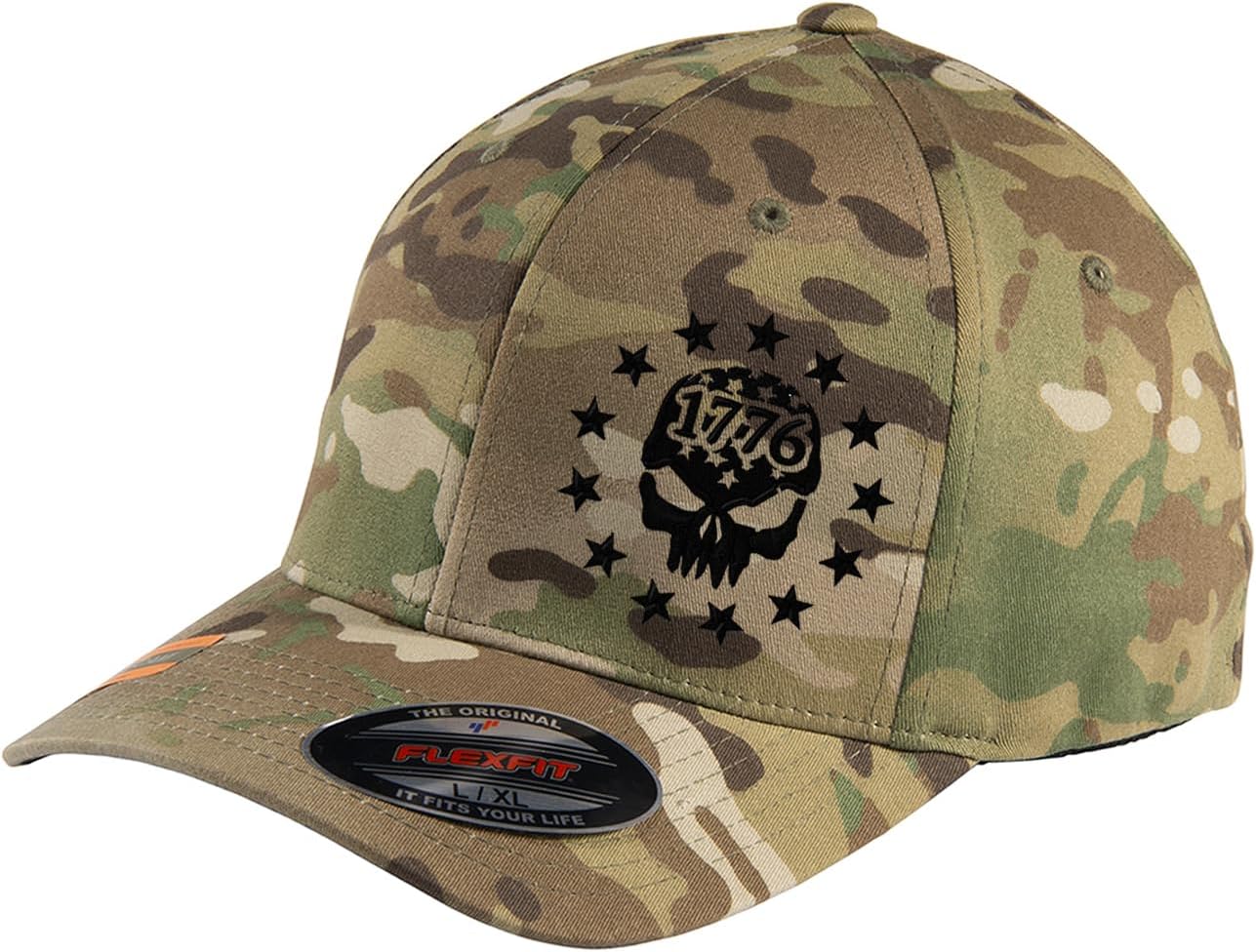 13 Star 1776 Patriotic American Warrior Distressed Skull Flag Embroidered Flex Fitted Cap