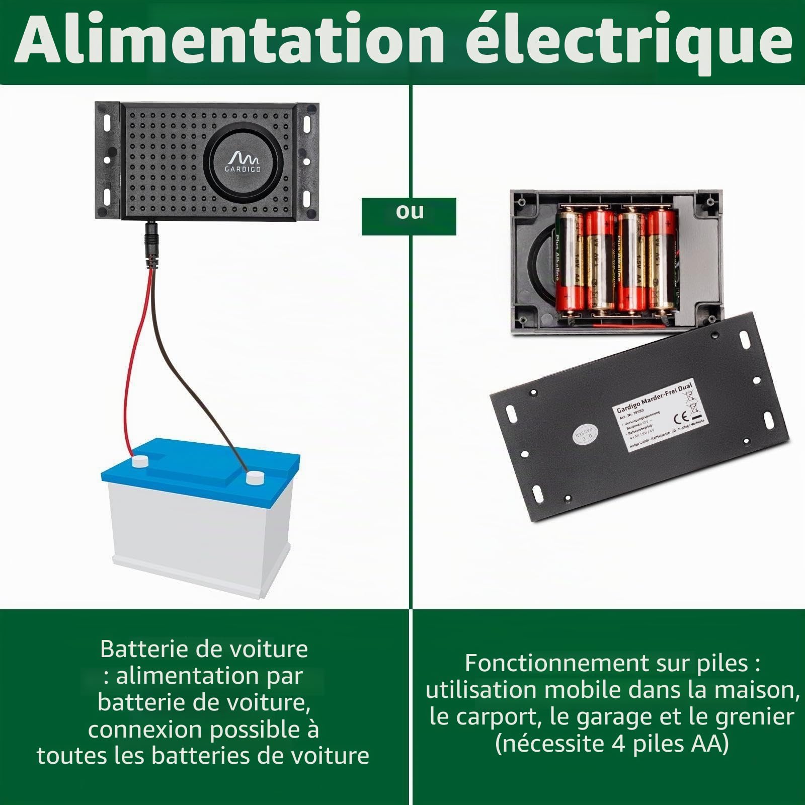 Gardigo® Répulsif Anti-Fouine Voiture – Alimentation Piles ou Batterie Voiture 12V – Flash LED & Ultrason – Protection Moteur, Garage, Grenier, Maison – Anti Martre Efficace