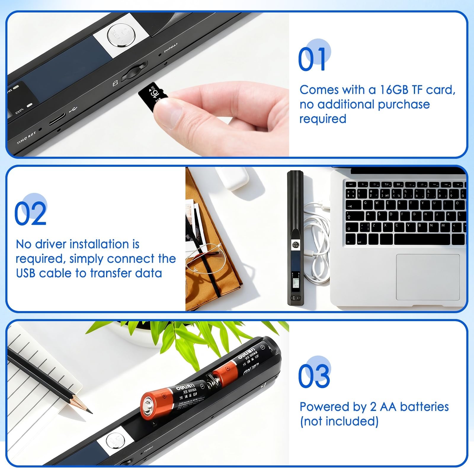 Scanner portatif Moontie - Scanner de documents portatif pour photos professionnelles, photos, reçus, livres, format JPG/PDF, carte micro SD