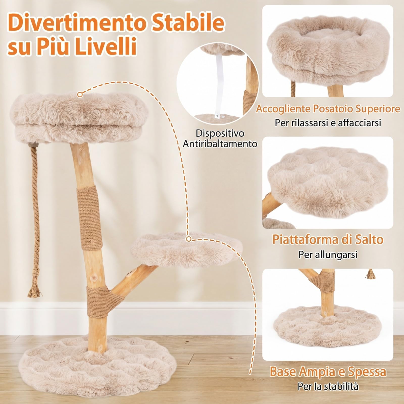 COSTWAY Albero per Gatti 90 cm, Torre Moderna in Legno con Piattaforme, Tiragraffi in Luta Naturale e Corda, Albero Tiragraffi per Animali Domestici (Beige)