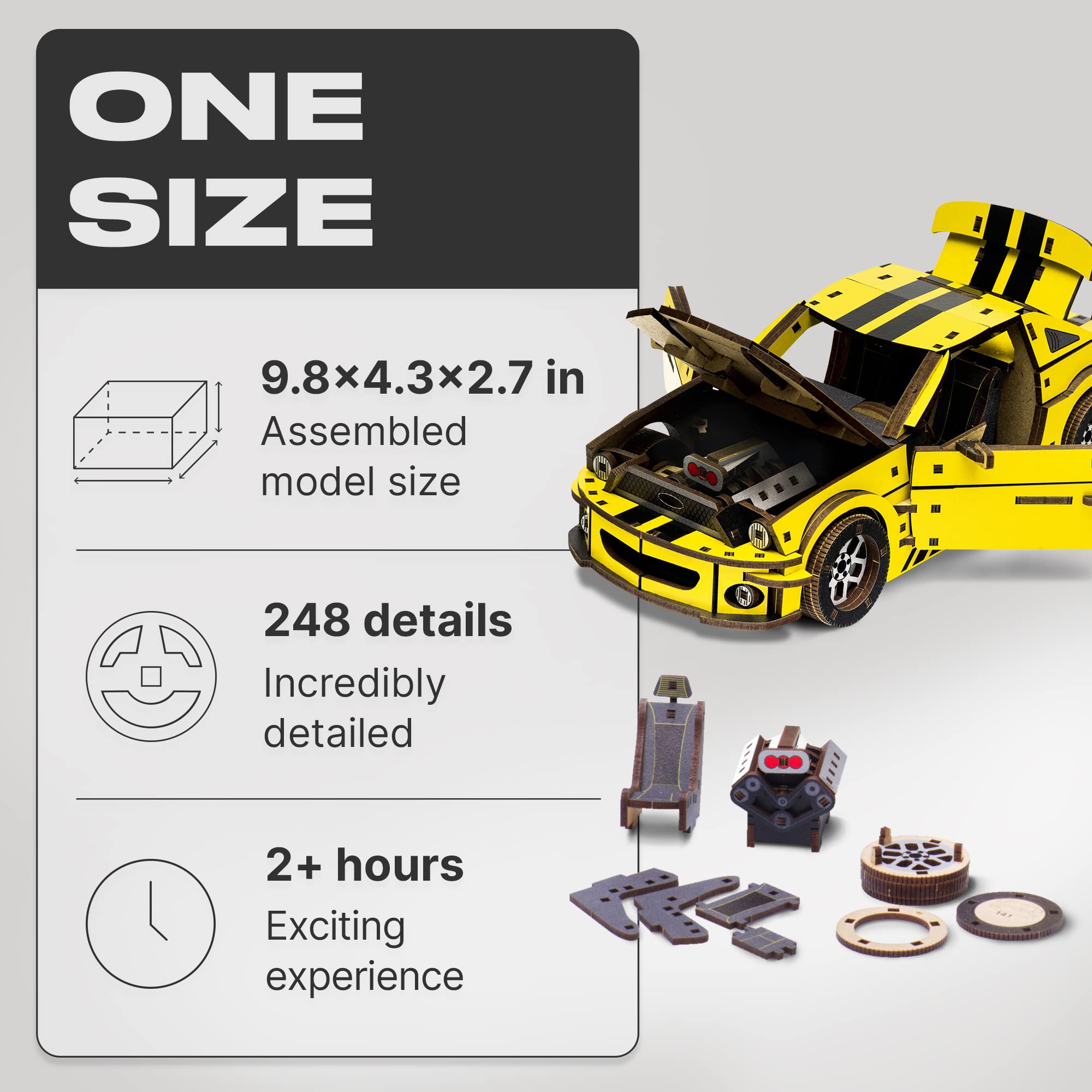 UNIDRAGON Original Wooden Jigsaw Puzzles for Adults Unimodels Stallion GT Yellow 248 Pieces, Assembled Car Model, Gift Box, Shaped Pieces