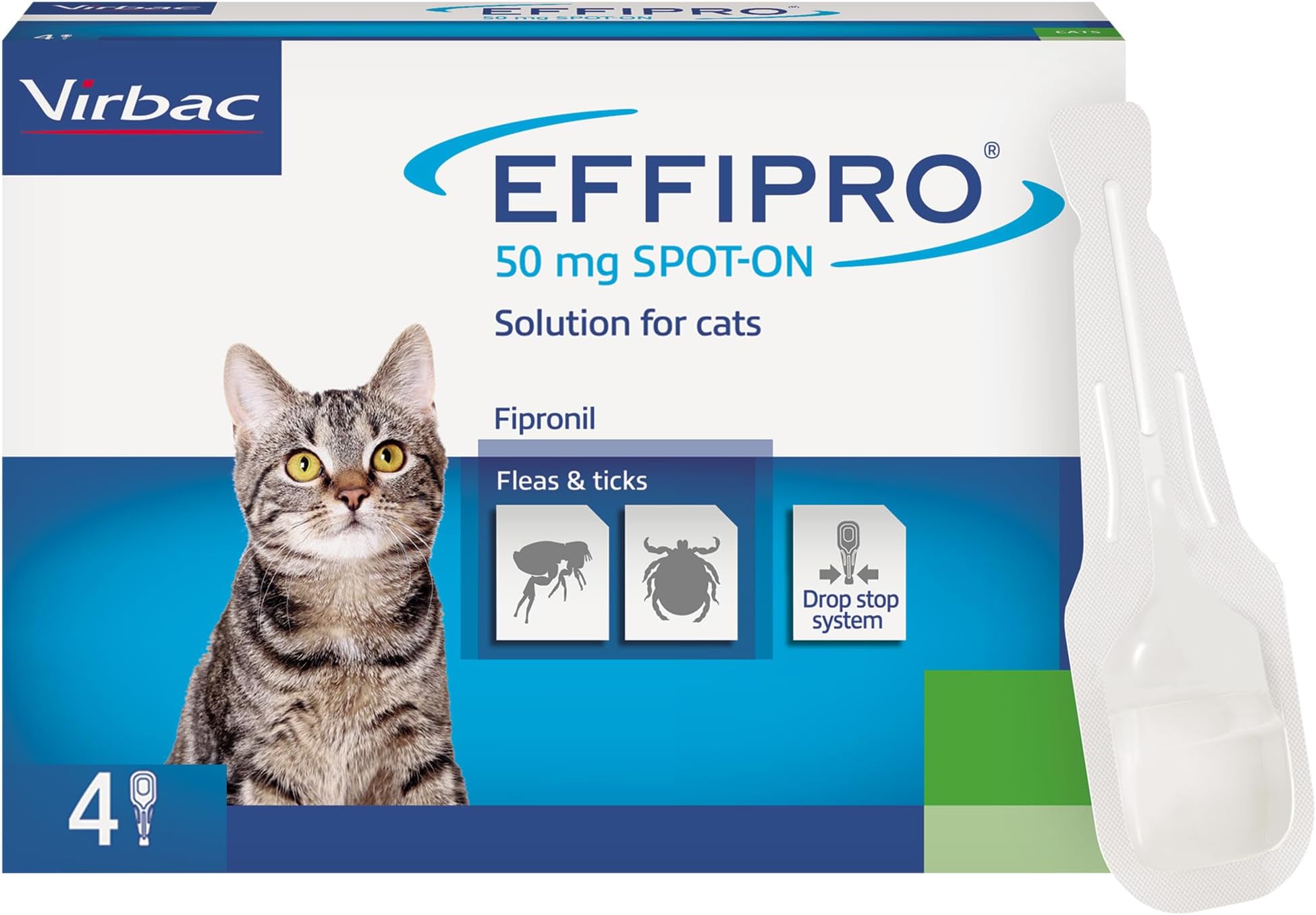 Effipro Flea & Tick Spot-On for Cats | Fast-Acting | 4 Pipettes | Vet-Strength Formula | Easy to Apply | For Cats 1kg+