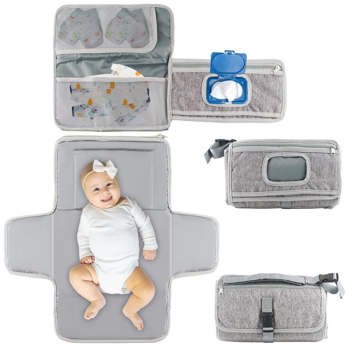 Suevut 3 in 1 Portable Diaper Changing Mat, Foldable Waterproof Baby Changing Station with Wipes Pocket & Storage Bag