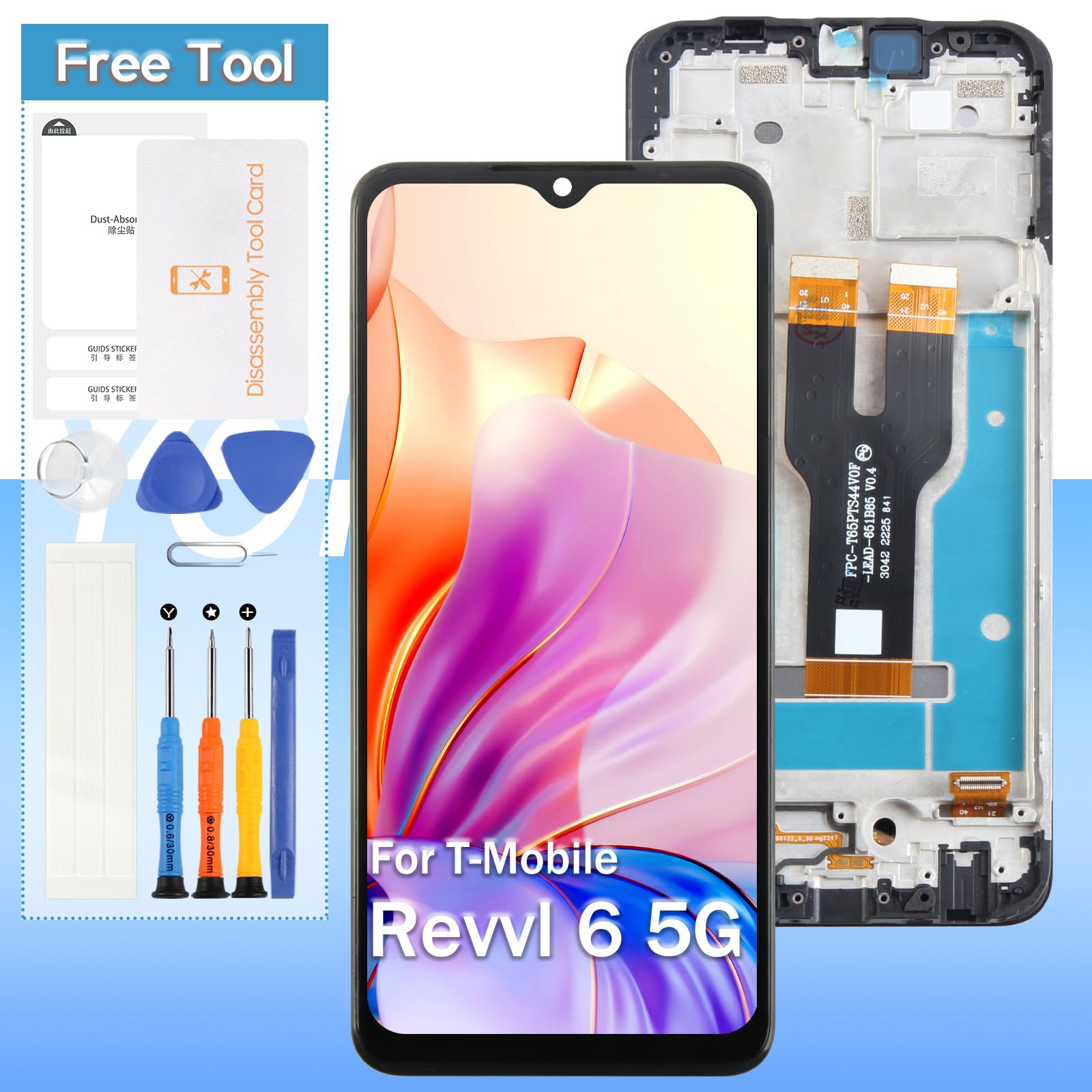 Yondista for T-Mobile Revvl 6 5G LCD Display Screen Replacement Touch Digitizer Glass Assembly - Black with Frame - Tools & Protector