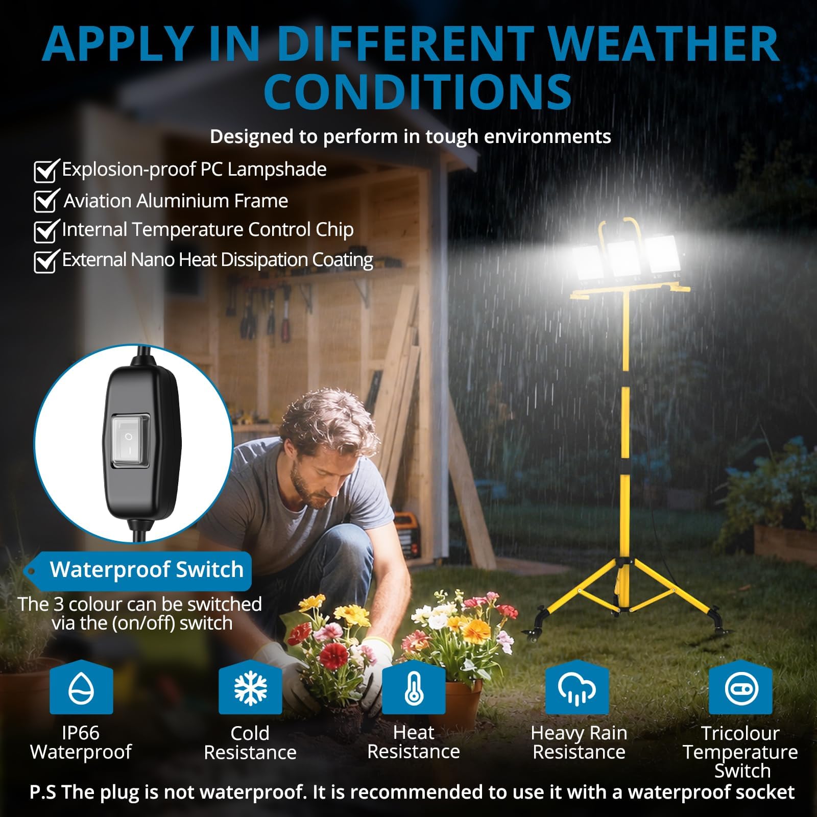 AUTOUTLET Reflektor budowlany LED ze statywem i kółkami, 300 W, 27000 lm, 3 temperatury barwowe, statyw z regulacją wysokości, kabel 5 m, wodoszczelność IP66, zdejmowana lampa budowlana do garażu, na