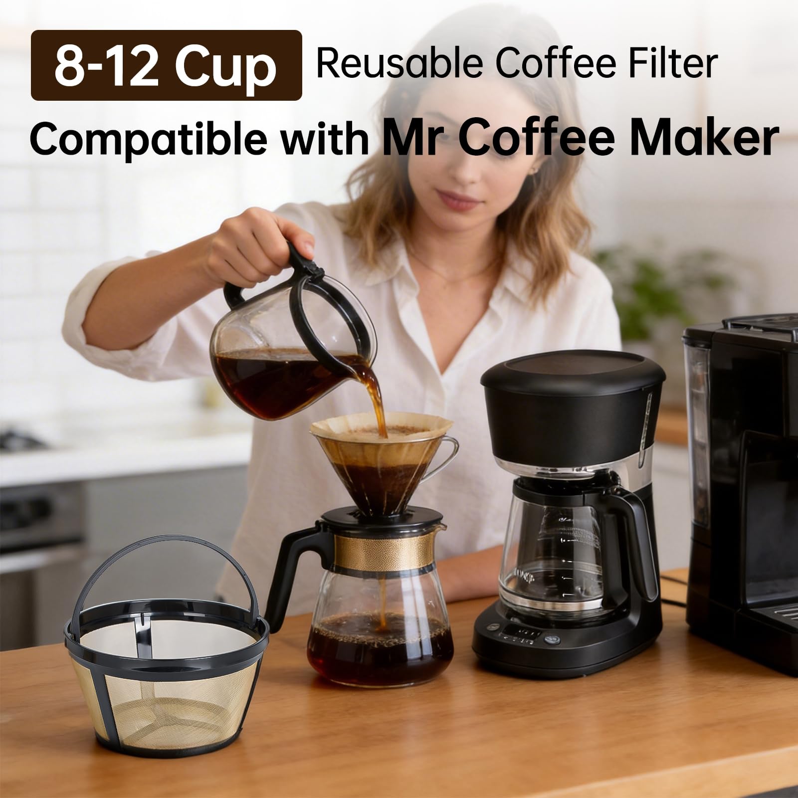 Wiederverwendbarer Kaffeefilter, 8–12 Tassen, kompatibel mit Mr. Coffee, Black and Decker und den meisten Standard-Kaffeemaschinen für 8–12 Tassen, permanenter Kaffeefilter, passend für Mr Coffee