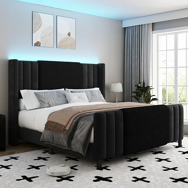 Lihimte Queen Size Bed Frame with Tall Headboard and Footboard, Boucle and Velvet Upholstered Bed Frame Queen with LED Lights, Modern Platform Bed Frames, Noiseless, Easy Assembly, White