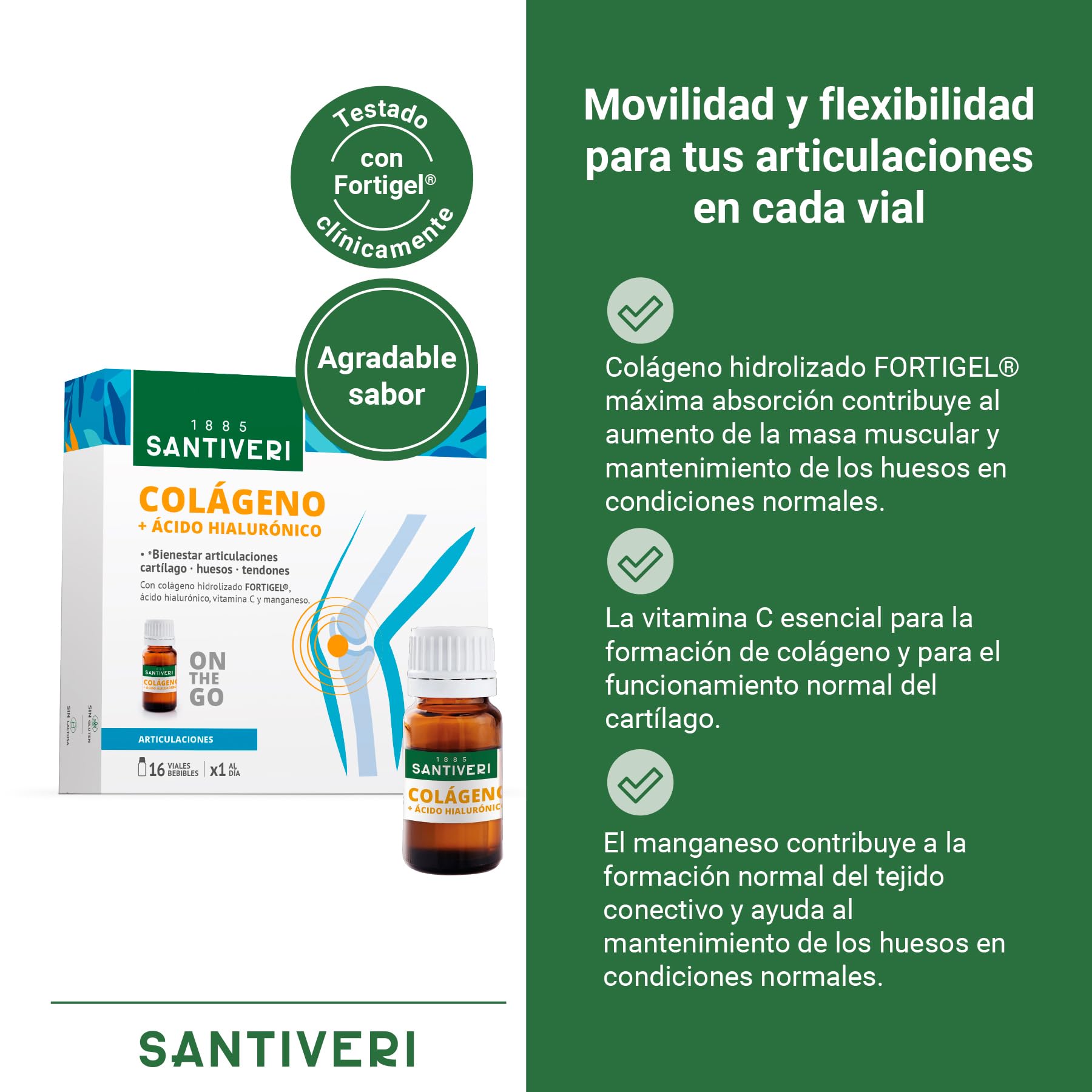SANTIVERI - Colágeno Líquido Artrosin, Complemento Alimenticio con Colágeno Hidrolizado, Ácido Hialurónico, Vitamina C y Manganeso, Contribuye al Bienestar en Articulaciones y Cartílagos - 16 Viales