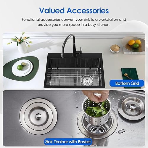 Miniatura 9 de OUGOO Fregadero de cocina, fregadero de cocina de 22 x 18 pulgadas, fregadero de cocina de un solo tazón de 9 pulgadas de profundidad, fregadero de