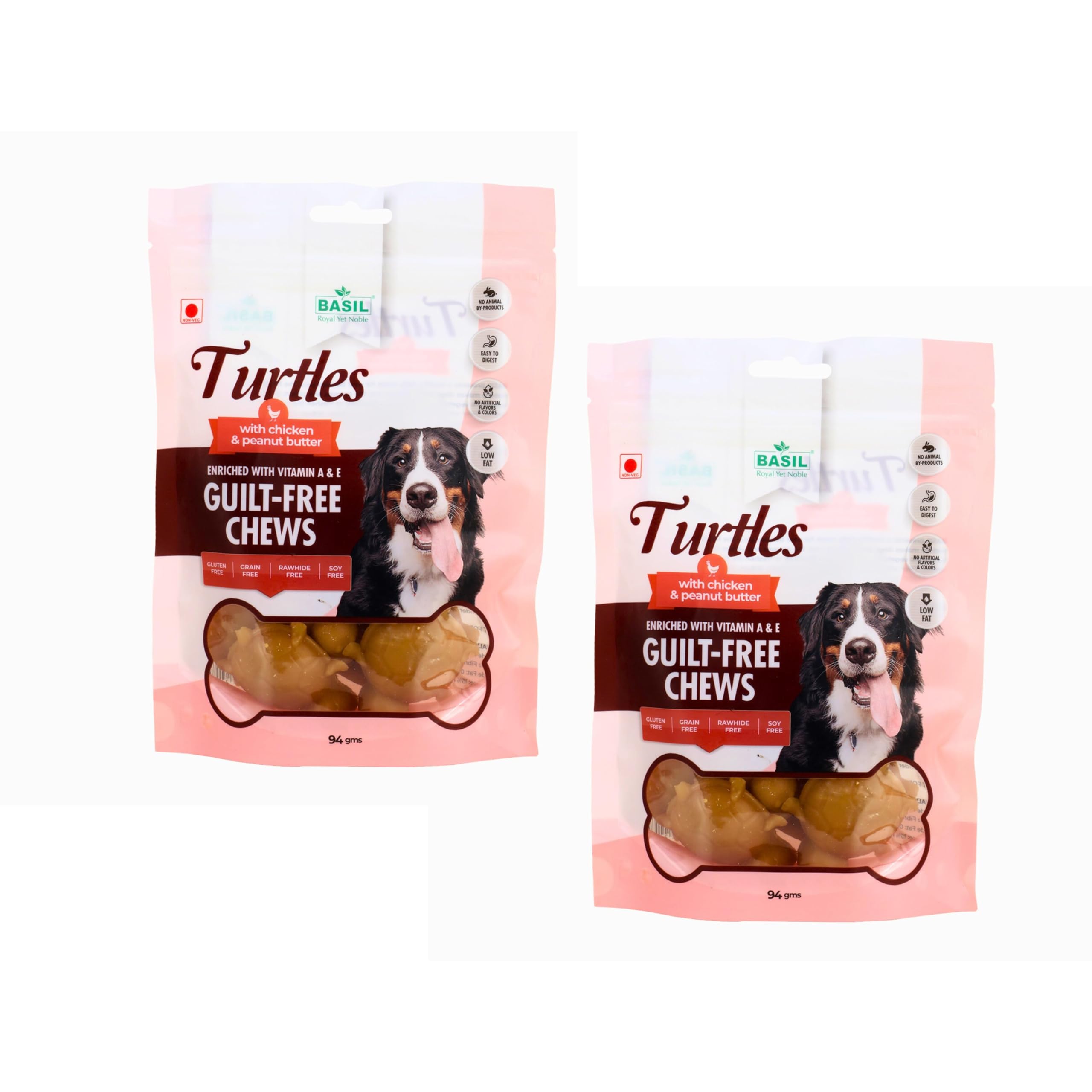 Basil Gluten Free Treats & Chews Turtle with Peanut Butter | Layered with Chicken | 100% Rawhide Free Chew Treat for Dogs & Puppies | Digestive Support & Breath Freshener | Pack of 2