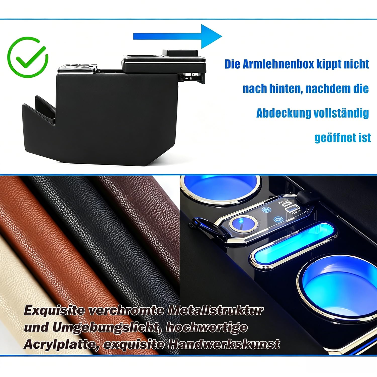 Armlehnenbox Aufbewahrungsbox mit 7-farbigem Umgebungslicht und 4 Helligkeitsstufen passend und Exklusive Fahrerschublade für Mercedes-Benz V-Klasse V220 V260 V250 W447 [EU-Patent]