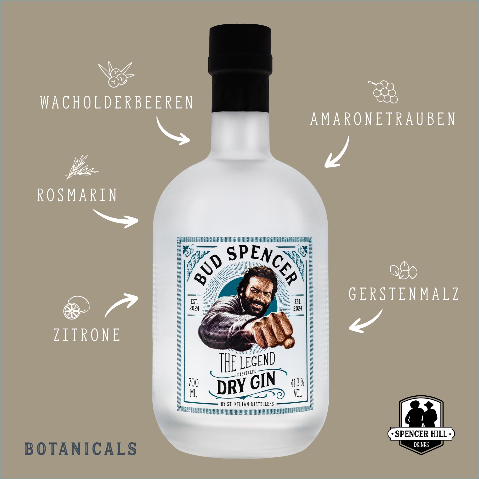 Bud Spencer Dry Gin - The Legend - [41,3% Vol, Distilled 0,7l] Premium Gin Angebote - Bud Spencer und Terence Hill Fanartikel - Geschenk für Männer - Geschenkset Herren - Geschenke Box