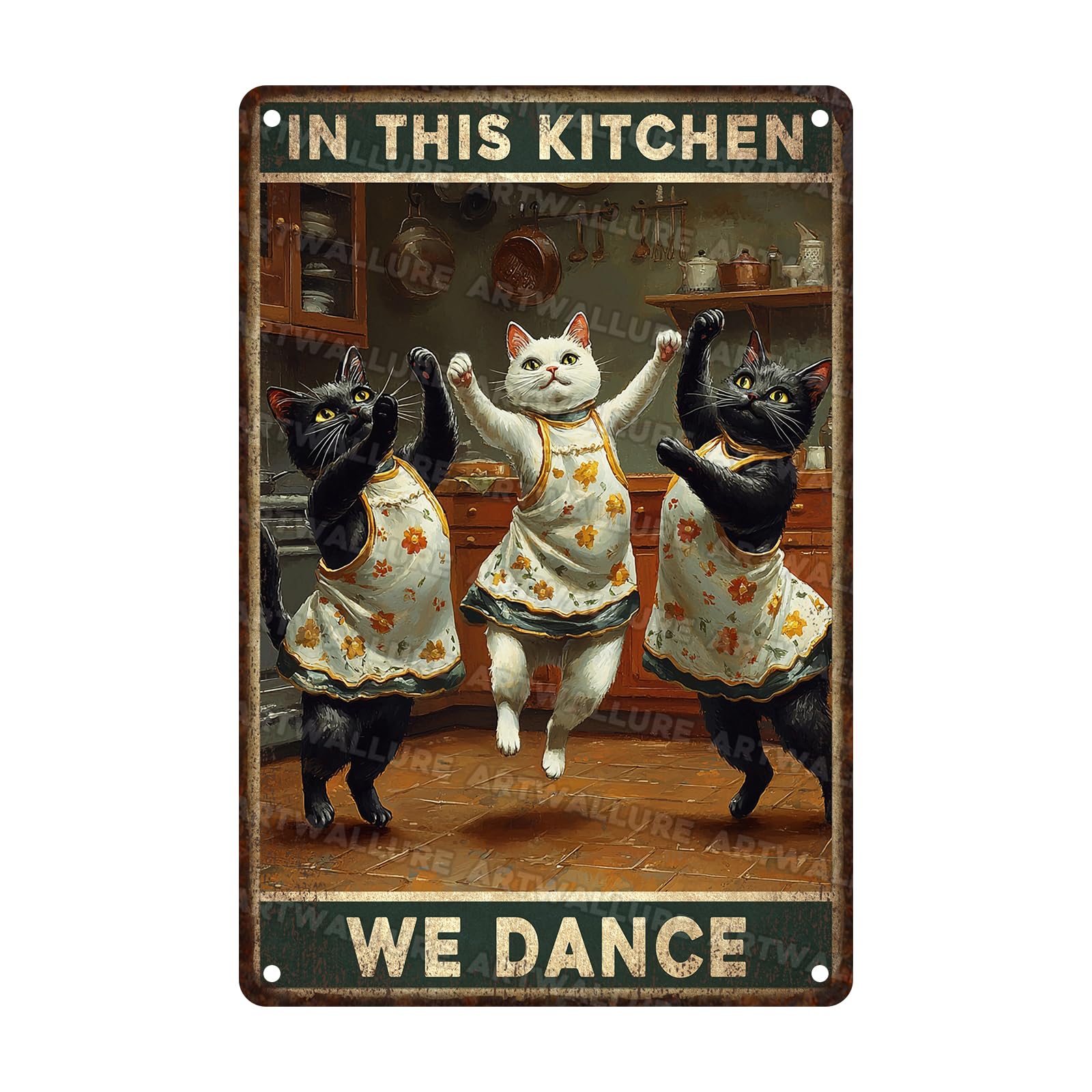 Funny Cats In This Kitchen We Dance Vintage Metal Sign Art Decor Wall Plaque for Home Kitchen Living Room Cafe Bar 8x12inch