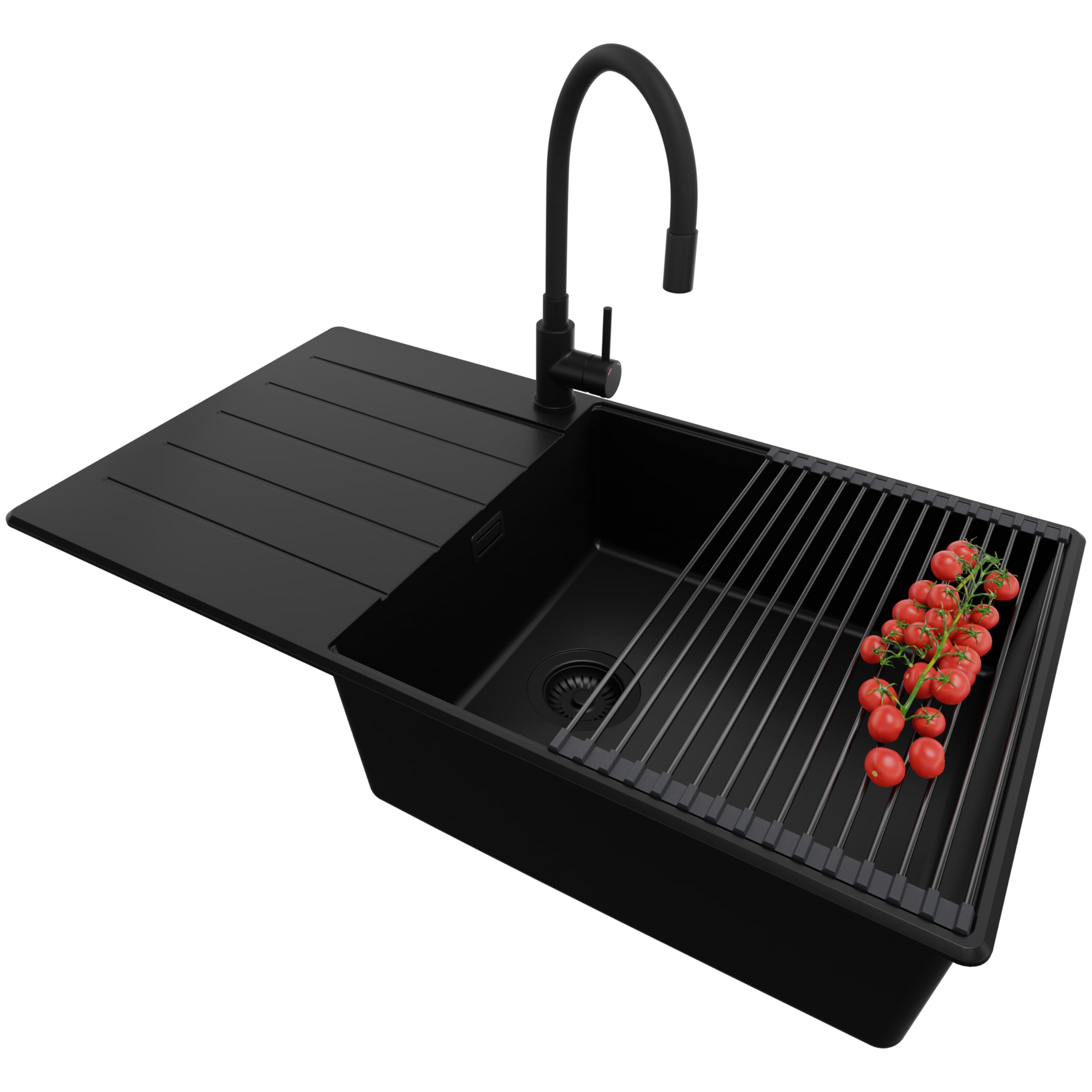 PRIMAGRAN Fregadero Granito Todo Negro 90x50cm, Cocina 1 Seno + Grifo 40x38cm + Juego de accesorios, Sobre Encimera al Mueble 60cm - Copenhague Top S714